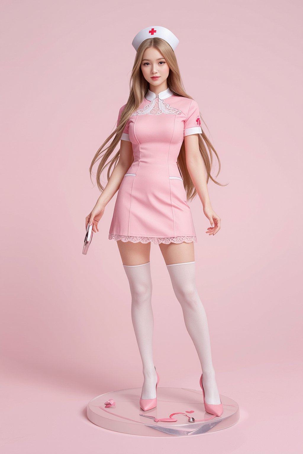 A high-quality anime-style figure of a stunning nurse, dressed in a cute and elegant pink nurse uniform. The figure features long, flowing hair cascading down her back, with a soft, gentle expression that exudes warmth and care. She is wearing a traditional nurse outfit, including a fitted pink dress with white accents and a matching pink nurse cap with a red cross emblem. Her dress is designed with delicate details, such as lace trim around the edges, and slightly flared at the hem, giving it a graceful, feminine touch. She holds a clipboard in one hand and a small medical kit in the other, adding to the authentic nurse aesthetic. Her stockings are white, paired with simple pink shoes, completing the professional yet cute look. The figure stands on a clear, minimalistic base with soft medical-themed elements, like a stethoscope and tiny red hearts, enhancing the nurturing, caring atmosphere. Her expression is kind and welcoming, making her appear as a compassionate and skilled nurse in a soft, pink-themed setting.
