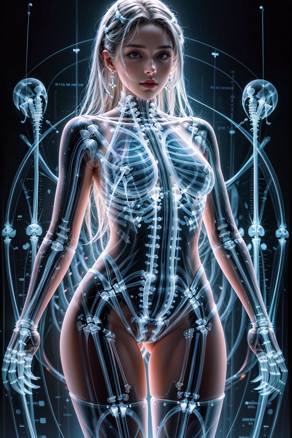 Masterpiece, High quality, 64K, Unity 64K Wallpaper, HDR, Best Quality, RAW, Super Fine Photography, Super High Resolution, Super Detailed, Beautiful and Aesthetic, Stunningly beautiful, Perfect proportions, by FuturEvoLab, 
(X-Ray Style:1.5), X-Ray, X-ray slides of female skeletons, 