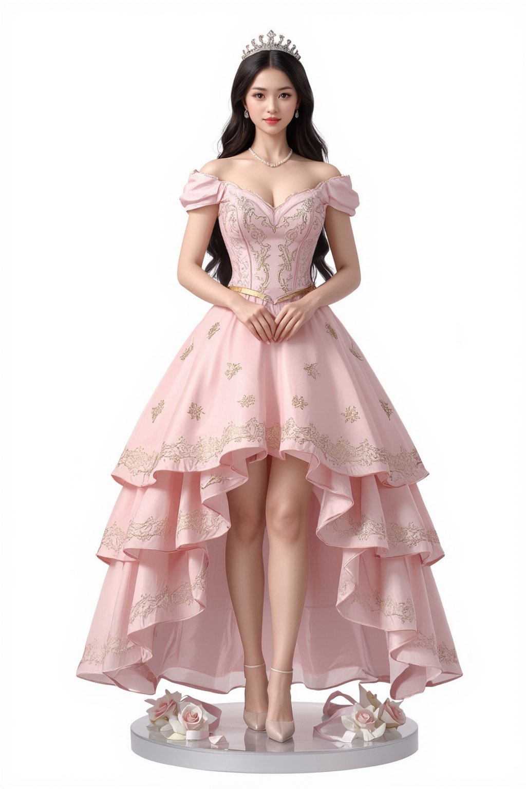 A high-quality anime-style figure of a stunning noblewoman, dressed in an elegant, flowing pink gown with intricate lace and embroidery. The figure features long, wavy black hair cascading down her back, beautifully styled to complement her regal appearance. Her gown is designed with a layered skirt that fans out gracefully, adorned with delicate floral patterns and shimmering gold accents, giving off a sense of royalty and grace. She is posed with her hands gently placed in front of her, exuding both elegance and refinement. The bodice of her dress is fitted, highlighting her graceful figure, while the voluminous skirt flows naturally around her. She stands on a clear, minimalistic base with soft, decorative elements like roses and ribbons, enhancing the overall noble and delicate atmosphere. Her expression is gentle yet poised, and her accessories include a pearl necklace and a tiara, completing the noble, princess-like aesthetic. The overall design captures both beauty and sophistication, blending classic aristocratic fashion with an ethereal charm.
