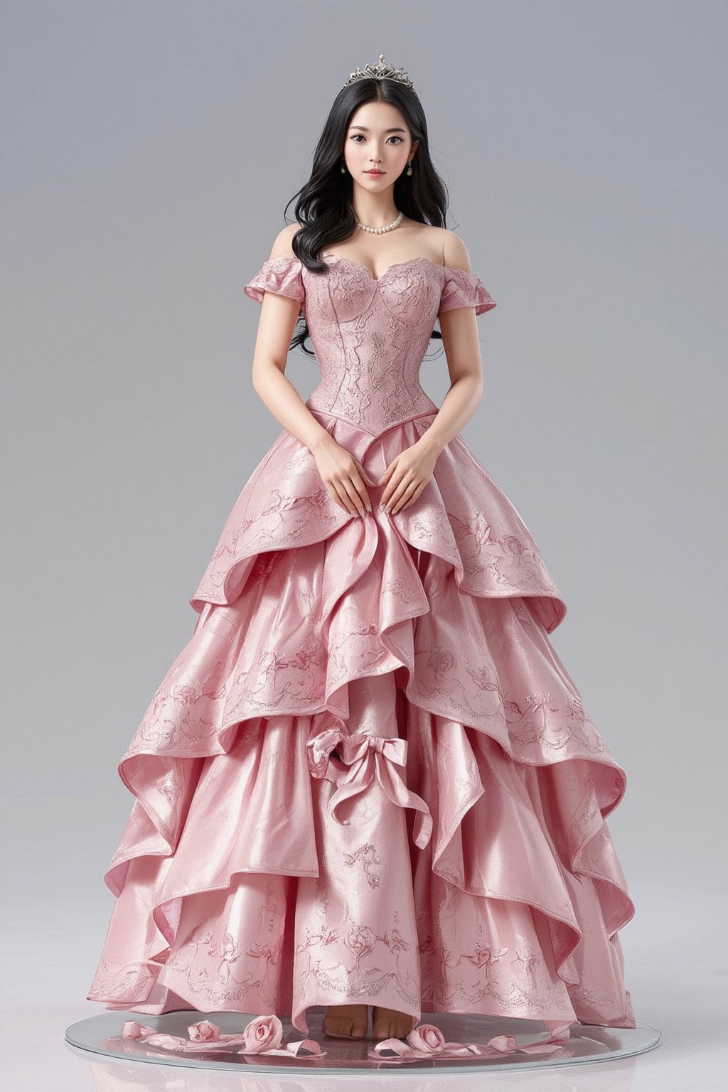 A high-quality anime-style figure of a stunning noblewoman, dressed in an elegant, flowing pink gown with intricate lace and embroidery. The figure features long, wavy black hair cascading down her back, beautifully styled to complement her regal appearance. Her gown is designed with a layered skirt that fans out gracefully, adorned with delicate floral patterns and shimmering gold accents, giving off a sense of royalty and grace. She is posed with her hands gently placed in front of her, exuding both elegance and refinement. The bodice of her dress is fitted, highlighting her graceful figure, while the voluminous skirt flows naturally around her. She stands on a clear, minimalistic base with soft, decorative elements like roses and ribbons, enhancing the overall noble and delicate atmosphere. Her expression is gentle yet poised, and her accessories include a pearl necklace and a tiara, completing the noble, princess-like aesthetic. The overall design captures both beauty and sophistication, blending classic aristocratic fashion with an ethereal charm.
