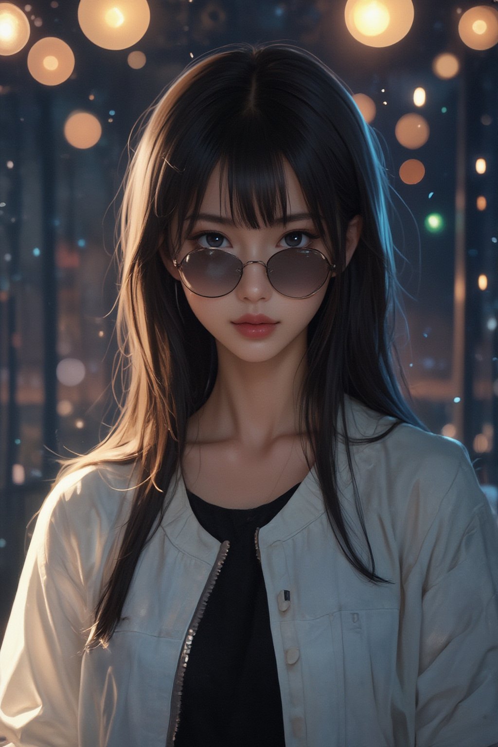 1girl, solo, long hair, looking at viewer, very badass girl, bangs, blue eyes, black hair, jewelry, jacket, upper body, sidelocks, earrings, parted lips, fur trim, black shirt, sunglasses, white jacket, zipper, looking over eyewear, ((masterpiece: 1.2)), light particles, stunning image, attractive image, digital art, professional style, anime style