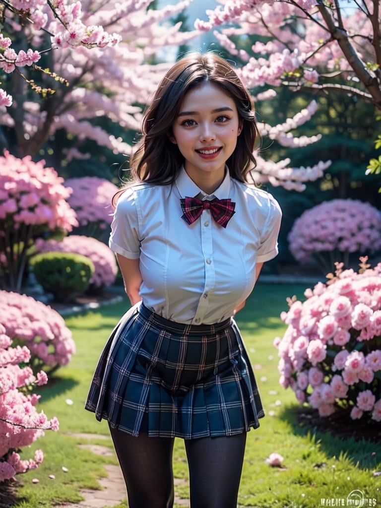 masterpiece, best quality, high res, samphire, long hair, red bowtie, white shirt, short sleeves, plaid skirt, brown skirt, pantyhose, standing, cowboy shot, leaning forward, arms behind back, outdoors, cherry blossoms, smile, open mouth, ,Blue Backlight