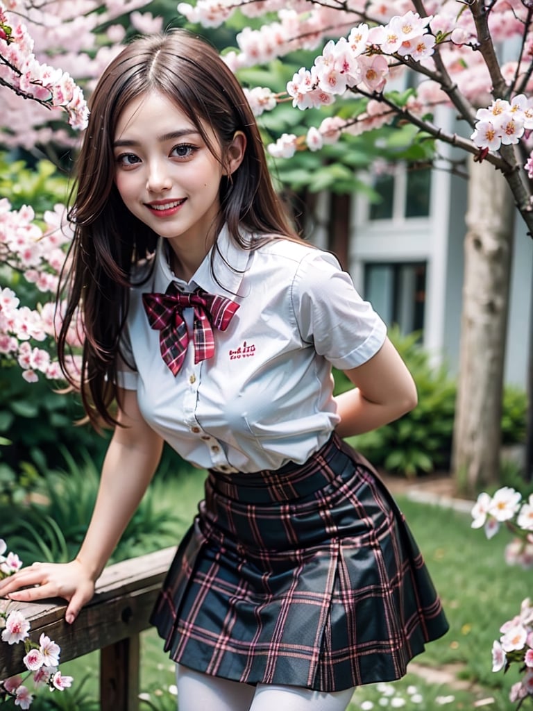 masterpiece, best quality, high res, samphire, long hair, red bowtie, white shirt, short sleeves, plaid skirt, brown skirt, pantyhose, standing, cowboy shot, leaning forward, arms behind back, outdoors, cherry blossoms, smile, open mouth, 