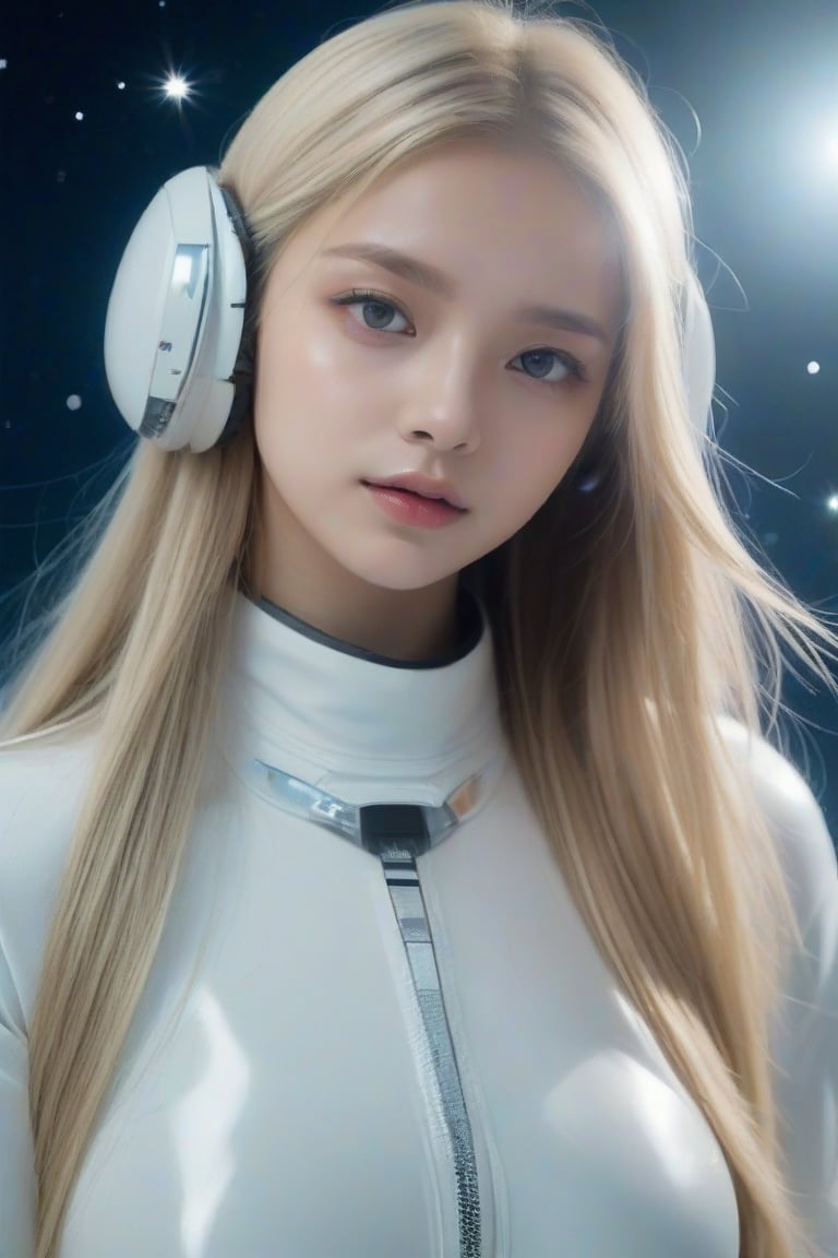 masterpiece, best quality, photorealistic, 1girl, solo, long hair, platinum blonde hair, looking at viewer, upper body, Deep Space Background, minimal background, soft cosmic lighting, gentle shadows, calm expression, detailed skin, soft features, space setup, classic portrait style, high clarity, simple background, cinematic lighting, relaxed pose, wearing a sleek white spacesuit with transparent helmet, futuristic and serene