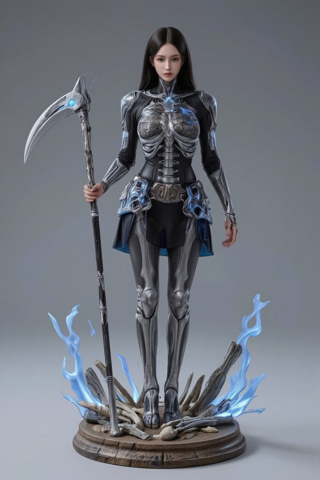 FuturEvoLabFigure, 
An anime-style figure of a girl dressed as a skeleton warrior, featuring an intricately designed bone-like armor. Her outfit consists of skeletal elements covering her body, with glowing blue eyes and a scythe in hand. The base is decorated with skeletal remains and eerie blue flames, creating a spooky yet powerful Halloween atmosphere.