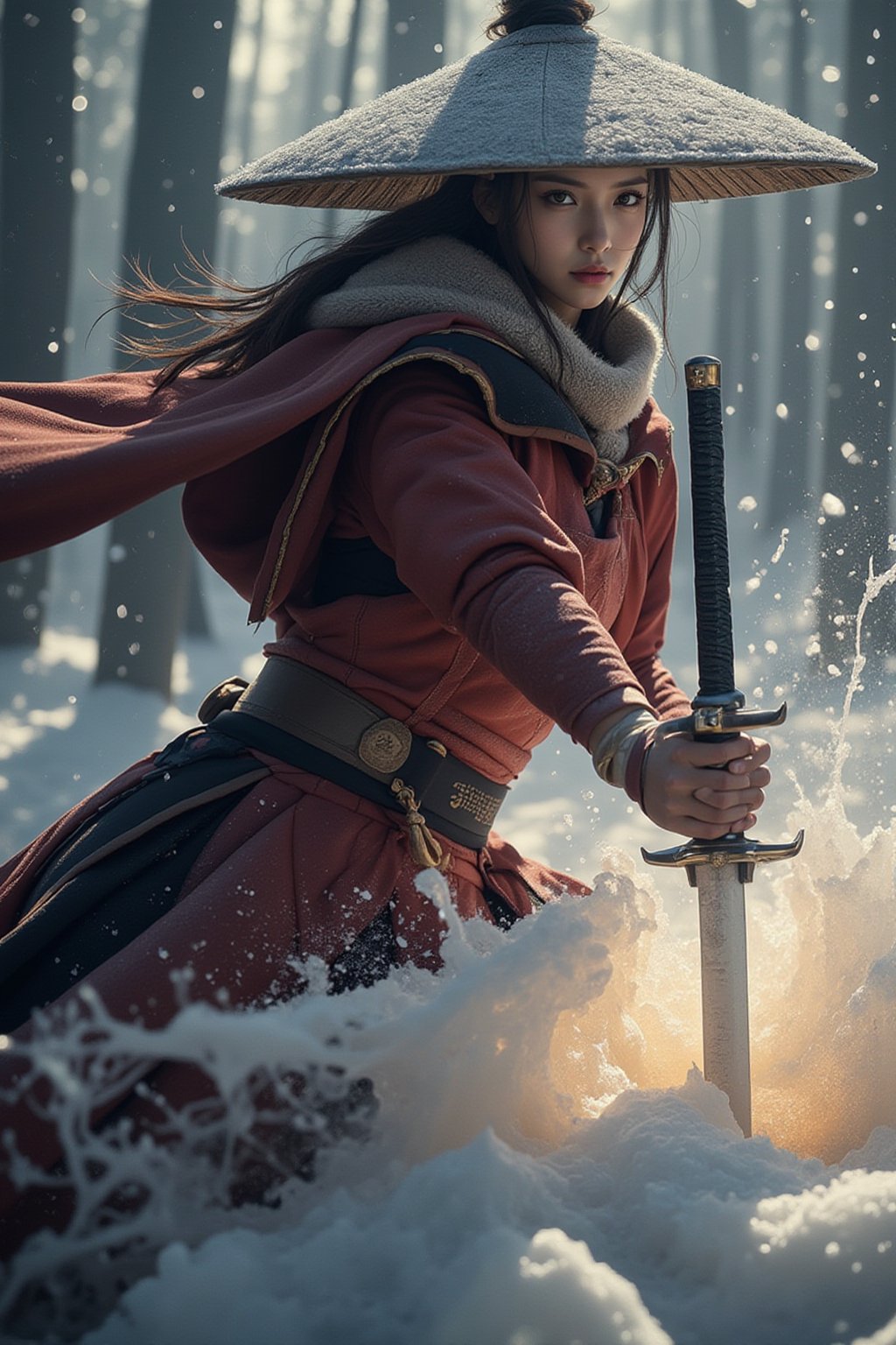 Create a dynamic close-up portrait of a samurai woman in a weathered, broad sedge hat, caught mid-action as she executes a powerful katana strike. The focus is on her intense expression, with sharp, determined eyes partially visible under the shadow of her hat. The katana slices through the icy ground in front of her, sending shards of ice flying in all directions, some of them disintegrating from the sheer force. Her red armor glows subtly in the light of the setting sun, with rays piercing through the ice forest behind her. Her billowing linen cape, frozen in motion, adds a sense of drama. The depth of field should blur the background slightly, emphasizing the photorealistic details of her face, the intricate design of her armor, and the sharpness of the katana. The scene should have a fantasy feel, blending realism with anime-inspired aesthetics, highlighting the beauty and power of the samurai woman.,FuturEvoLabArmor