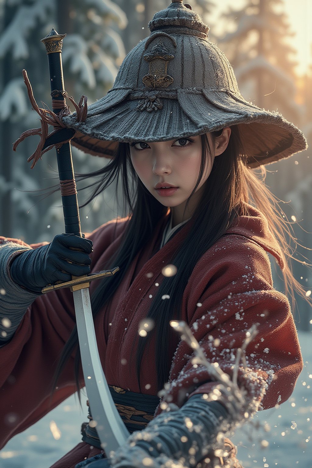 Create a dynamic close-up portrait of a samurai woman in a weathered, broad sedge hat, caught mid-action as she executes a powerful katana strike. The focus is on her intense expression, with sharp, determined eyes partially visible under the shadow of her hat. The katana slices through the icy ground in front of her, sending shards of ice flying in all directions, some of them disintegrating from the sheer force. Her red armor glows subtly in the light of the setting sun, with rays piercing through the ice forest behind her. Her billowing linen cape, frozen in motion, adds a sense of drama. The depth of field should blur the background slightly, emphasizing the photorealistic details of her face, the intricate design of her armor, and the sharpness of the katana. The scene should have a fantasy feel, blending realism with anime-inspired aesthetics, highlighting the beauty and power of the samurai woman.,FuturEvoLabArmor