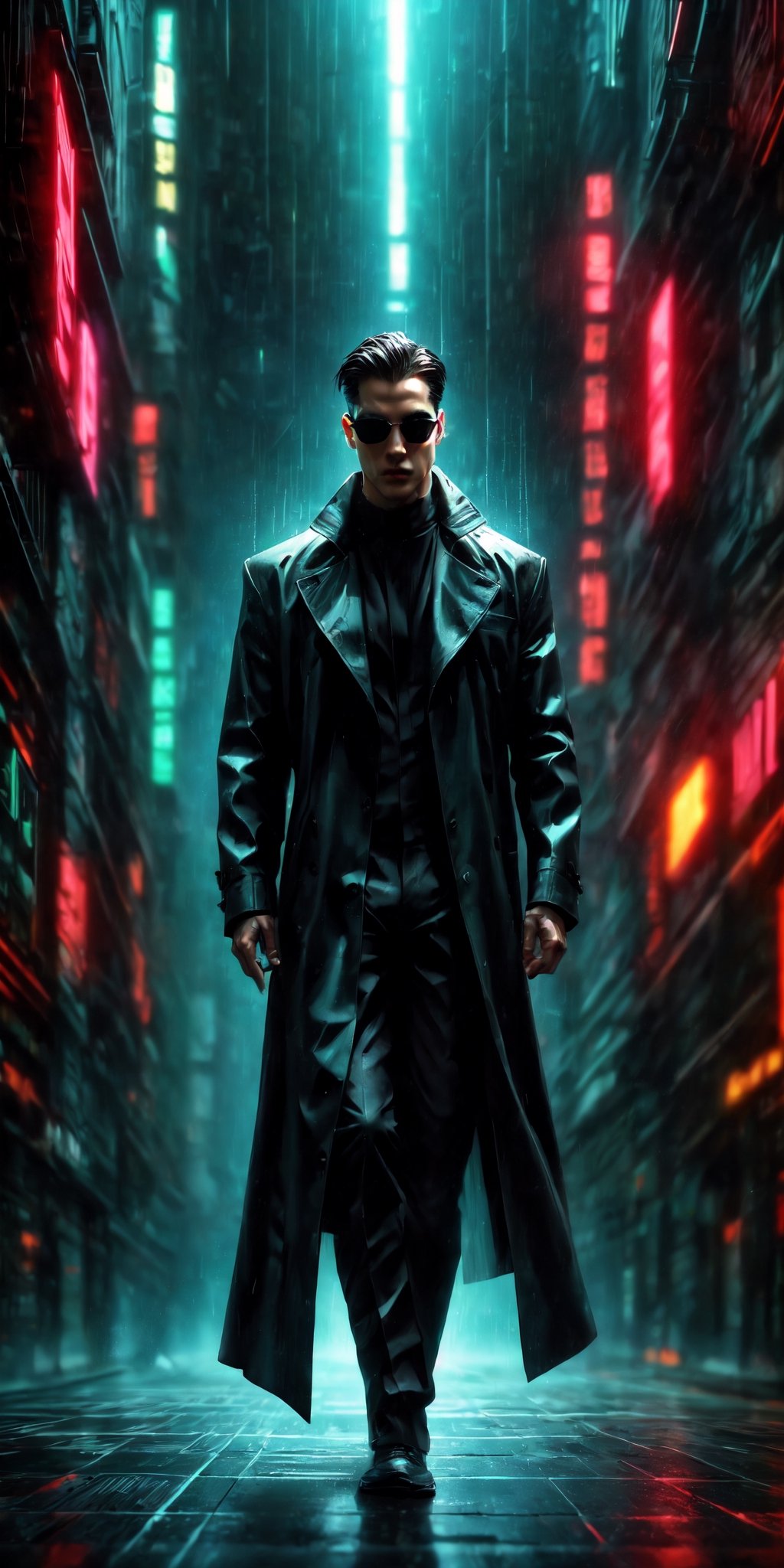 high-definition, dynamic, action-packed, 
1man, Matrix style, leaping, mid-air, all-black suit, black glasses, athletic build, intense expression, 
((depth of field)), urban skyline, futuristic cityscape, dark ambiance, digital code rain, neon lights, gorgeous movements, Code matrix cascading from top to bottom, by FuturEvoLab, 
gravity-defying, cyberpunk atmosphere, surreal, digital world, ,Human bones,Time Travel Style,Holy light