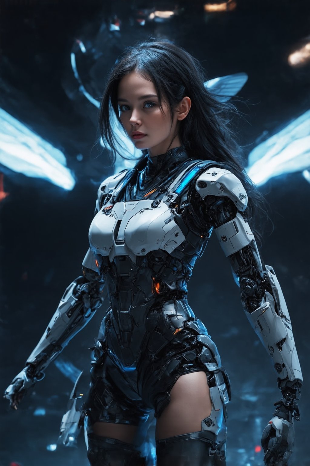 Generate a masterpiece-quality image featuring a solo girl with black hair, standing in a cowboy shot on a black background. She should be looking directly at the viewer. The scene should incorporate elements of Mecha, Cyberpunk, City, and Anime. The girl's design should blend futuristic and cyberpunk aesthetics, possibly featuring advanced mechanical or robotic elements integrated into her outfit or appearance. The overall mood should be sleek and modern, capturing the essence of a futuristic, high-tech world. FuturEvoLabWings