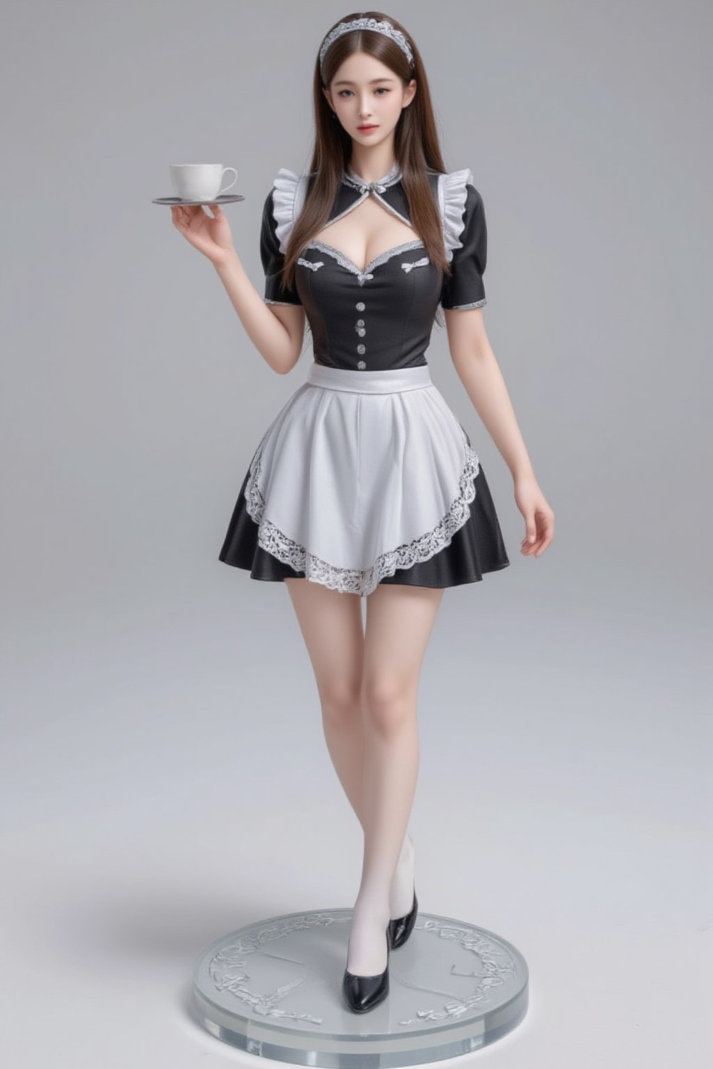 FuturEvoLabFigure, 
A high-quality anime-style figure of a beautiful girl dressed in an elegant and traditional Japanese maid outfit. The figure features long, flowing hair styled neatly, with a gentle and charming expression that radiates grace and playfulness. She is wearing a classic black and white maid dress, with a frilly white apron and lace accents. The dress is form-fitting at the bodice and flares out into a short, pleated skirt, giving her a cute and stylish appearance. She wears a matching white lace headband and small bows on her apron, adding to the maid aesthetic. Her outfit is completed with knee-high stockings and polished black shoes. In one hand, she holds a silver tray with a cup of tea, while the other hand gently rests at her side. The figure stands on a clear, minimalistic base decorated with subtle, elegant patterns, complementing her refined look. Her pose is playful yet respectful, embodying the charm and appeal of a classic Japanese maid, with attention to every delicate detail.