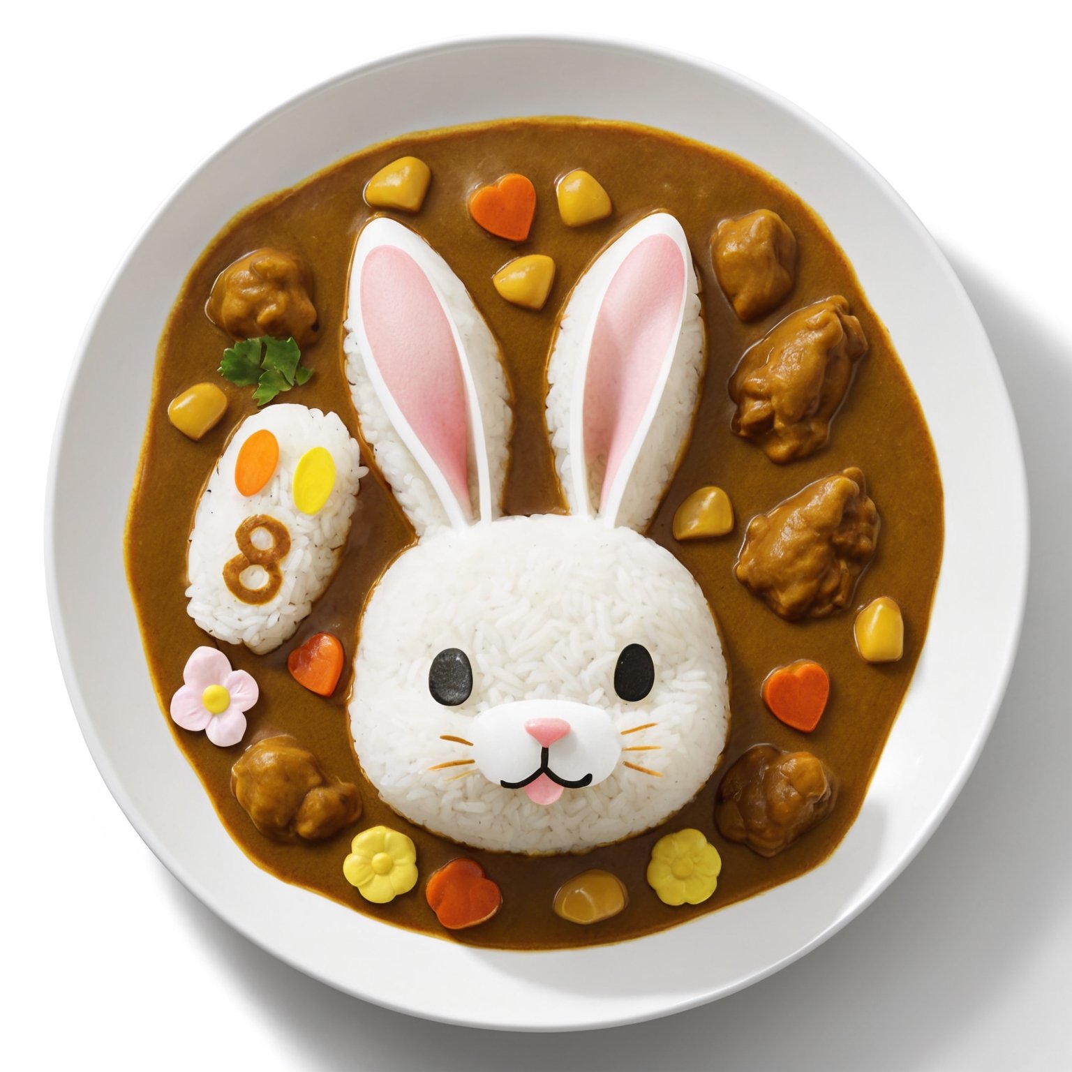 (From Above:2.0), Japanese Curry Rice, Cute, rabbit cartoon head, 
(Masterpiece, Best Quality, 8k:1.2), (Ultra-Detailed, Highres, Extremely Detailed, Absurdres, Incredibly Absurdres, Huge Filesize:1.1), (Photorealistic:1.3), By Futurevolab, Portrait, Ultra-Realistic Illustration, Digital Painting. 