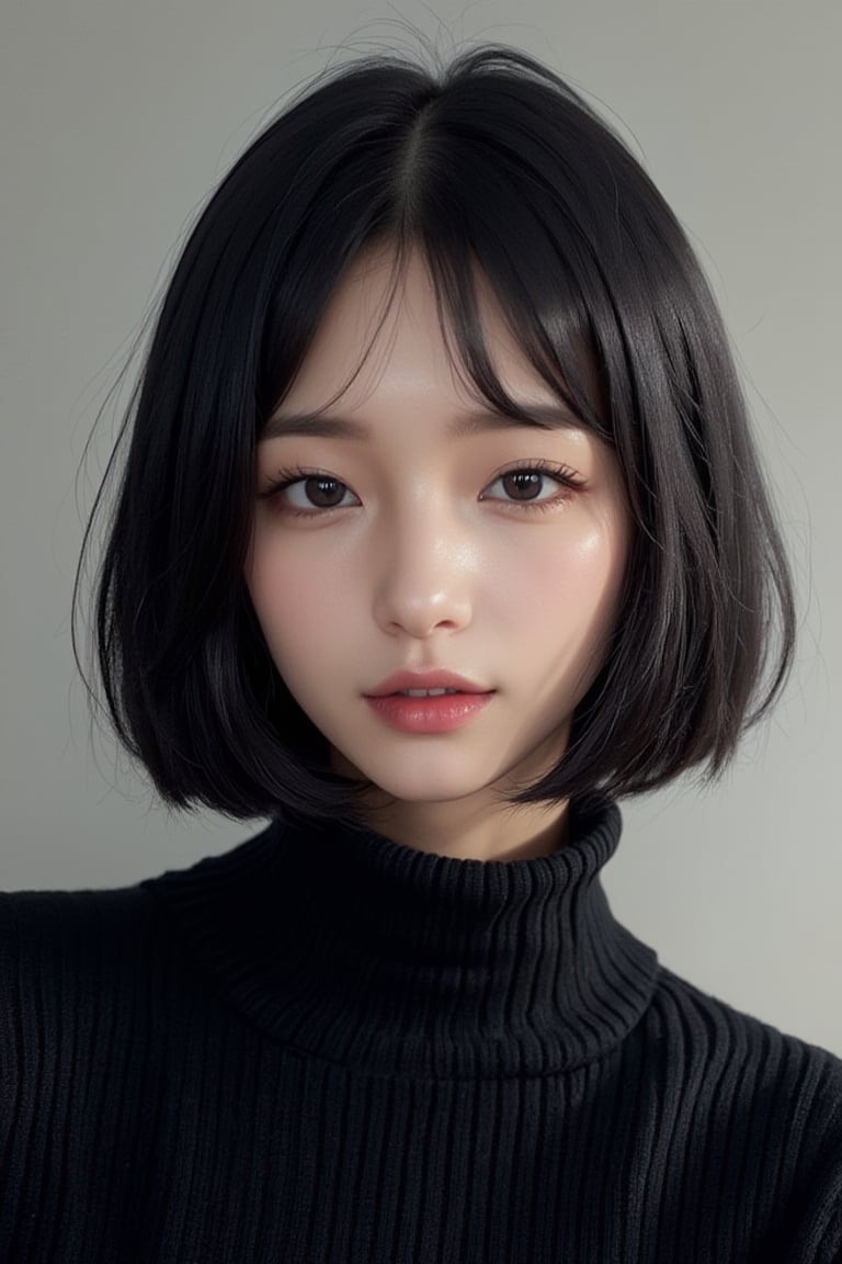 Create a photorealistic portrait of a pure and innocent 32-year-old Japanese woman with a black bob haircut. She is wearing a black turtleneck sweater that highlights her facial features and expression, emphasizing her cuteness and innocence. The lighting should be soft and natural, with a close-up composition that focuses on her kind demeanor. The photo should have a high resolution, using a soft focus lens to capture the texture and details of the sweater, while maintaining a minimalist approach without background distractions, FuturEvoLabArmor, 