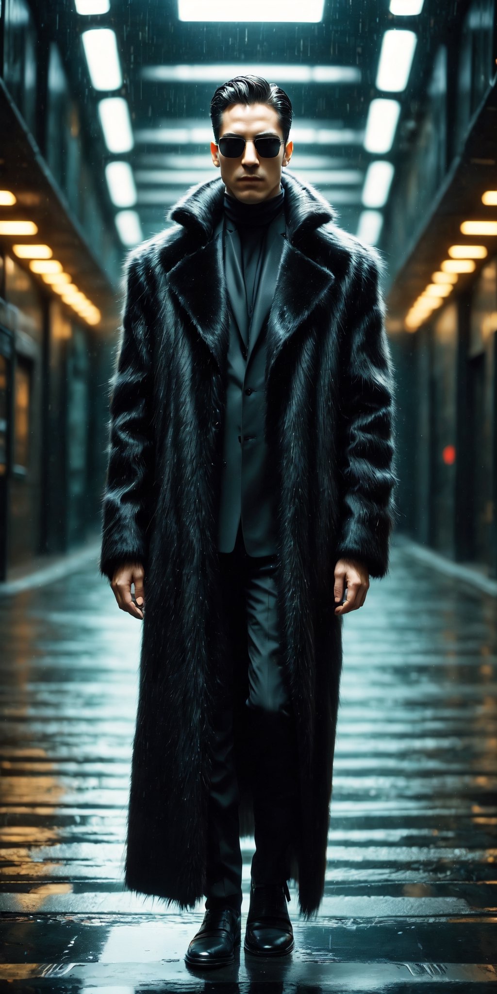 A strikingly enigmatic figure in a sleek black fur coat and stylish sunglasses, the lone man in the matrix exudes an aura of cool sophistication. The scene appears to be a digital rendering, possibly a high-definition photograph, capturing the mysterious individual in exceptional detail. Every strand of fur on his coat, every reflection in his shades, is meticulously depicted, showcasing the impeccable quality of the image. The overall effect is one of intrigue and allure, inviting viewers to delve deeper into the enigma of this captivating character.