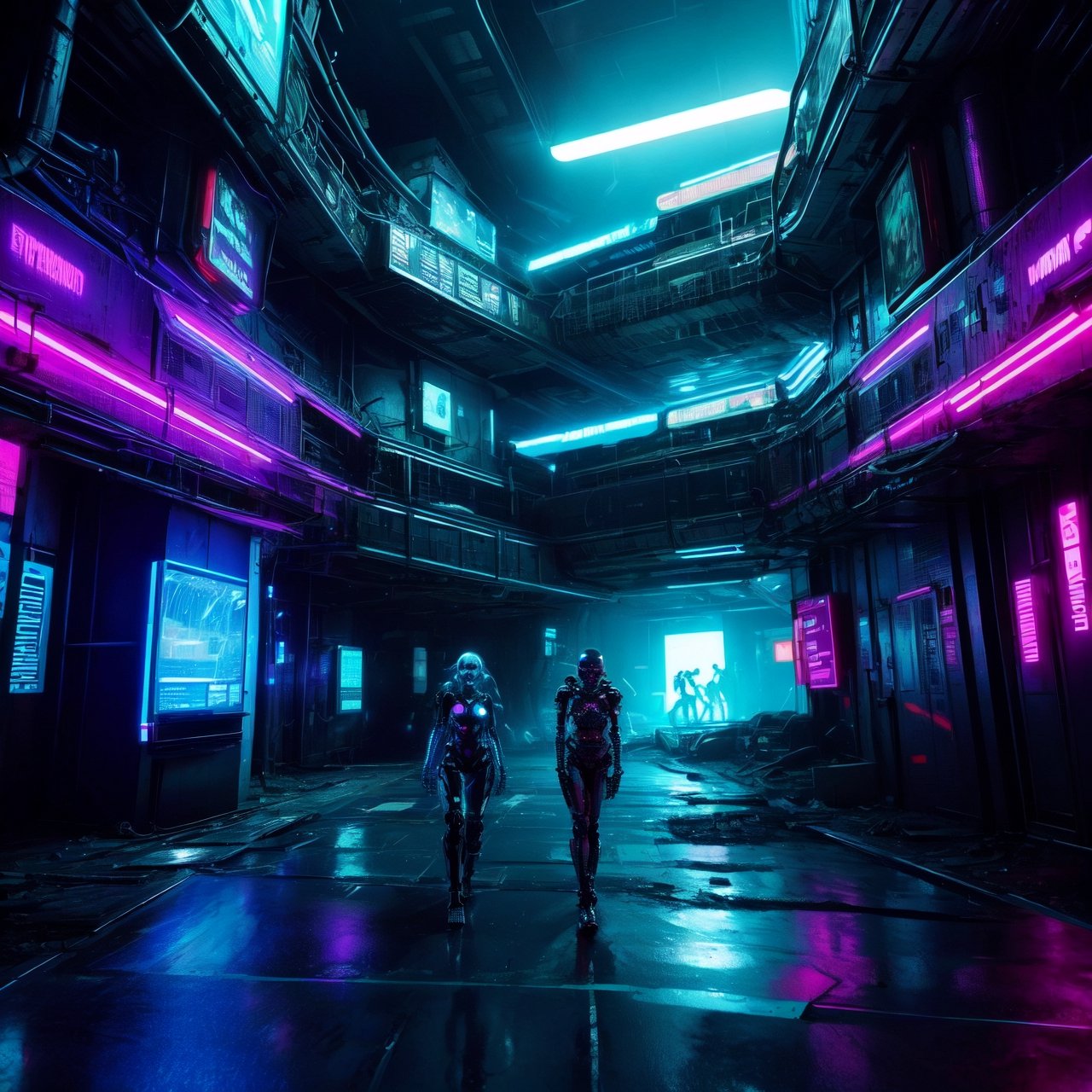 A futuristic cyberpunk-style scene of a prison ruin with human skeletons. The scene is depicted in a dark, dystopian setting with advanced technology elements. The prison is dilapidated, with crumbling walls and rusted bars, illuminated by neon lights. Human skeletons are scattered throughout, hinting at a long-abandoned site. The atmosphere is eerie, with an overgrown environment and high-tech, cyberpunk elements like holographic displays and robotic debris. The scene conveys a sense of desolation and the passage of time in a futuristic world,Human bones, Prison, 