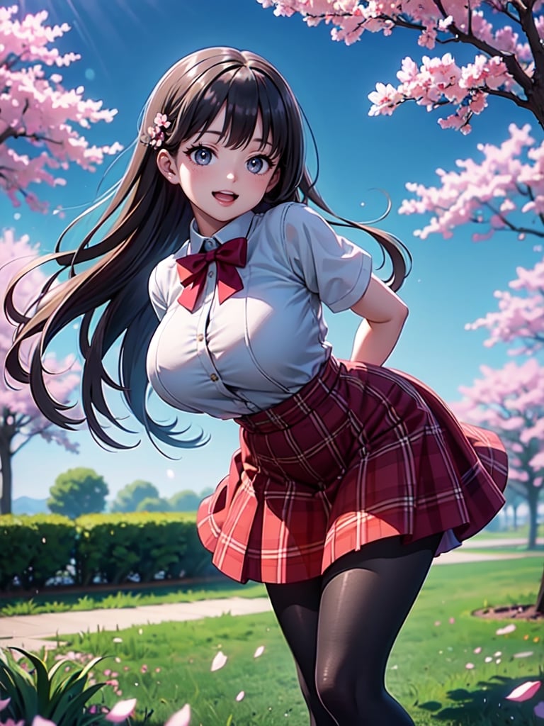 masterpiece, best quality, high res, samphire, long hair, red bowtie, white shirt, short sleeves, plaid skirt, brown skirt, pantyhose, standing, cowboy shot, leaning forward, arms behind back, outdoors, cherry blossoms, smile, open mouth, ,Blue Backlight