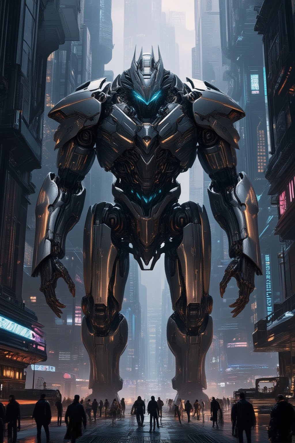 A futuristic cyberpunk warrior robot, massive in size, with a towering presence that dwarfs human figures. The cityscape behind it is a labyrinth of neon-lit skyscrapers and holographic advertisements, with humans scurrying about like ants in comparison. The robot's mechanical limbs and glowing blue optics seem to pierce through the smog-filled air as it stands victorious amidst the urban chaos.,FuturEvoLabNinja,FuturEvoLabMecha,FuturEvoLabGiant