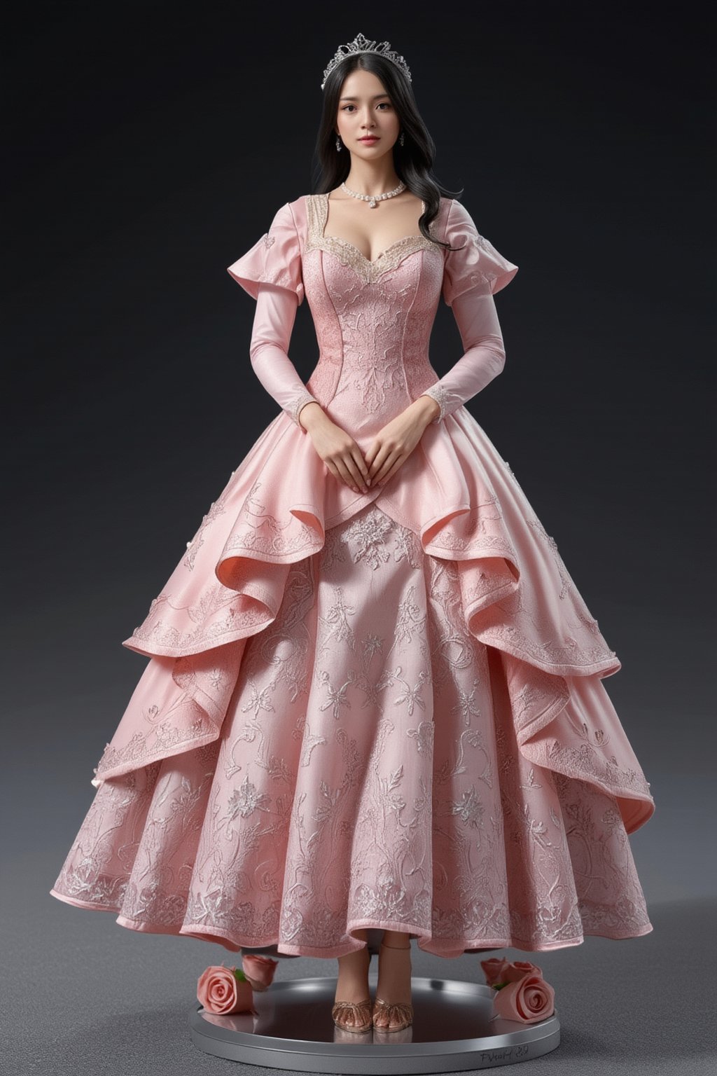 A high-quality anime-style figure of a stunning noblewoman, dressed in an elegant, flowing pink gown with intricate lace and embroidery. The figure features long, wavy black hair cascading down her back, beautifully styled to complement her regal appearance. Her gown is designed with a layered skirt that fans out gracefully, adorned with delicate floral patterns and shimmering gold accents, giving off a sense of royalty and grace. She is posed with her hands gently placed in front of her, exuding both elegance and refinement. The bodice of her dress is fitted, highlighting her graceful figure, while the voluminous skirt flows naturally around her. She stands on a clear, minimalistic base with soft, decorative elements like roses and ribbons, enhancing the overall noble and delicate atmosphere. Her expression is gentle yet poised, and her accessories include a pearl necklace and a tiara, completing the noble, princess-like aesthetic. The overall design captures both beauty and sophistication, blending classic aristocratic fashion with an ethereal charm.
