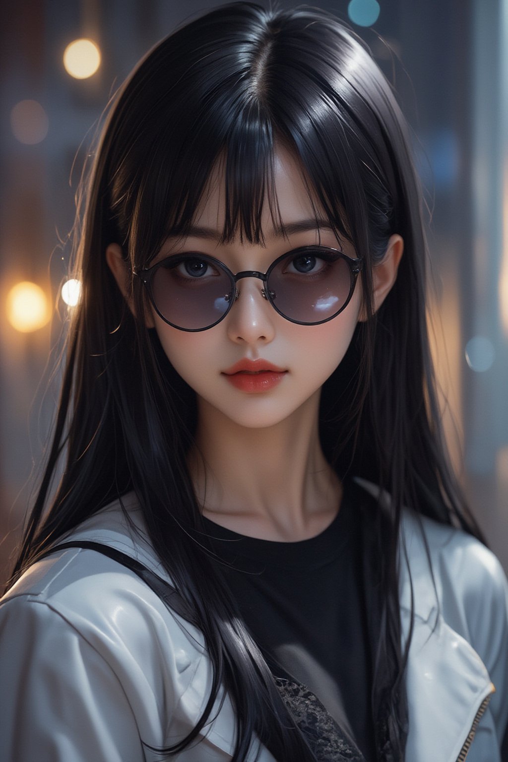 1girl, solo, long hair, looking at viewer, very badass girl, bangs, blue eyes, black hair, jewelry, jacket, upper body, sidelocks, earrings, parted lips, fur trim, black shirt, sunglasses, white jacket, zipper, looking over eyewear, ((masterpiece: 1.2)), light particles, stunning image, attractive image, digital art, professional style, anime style