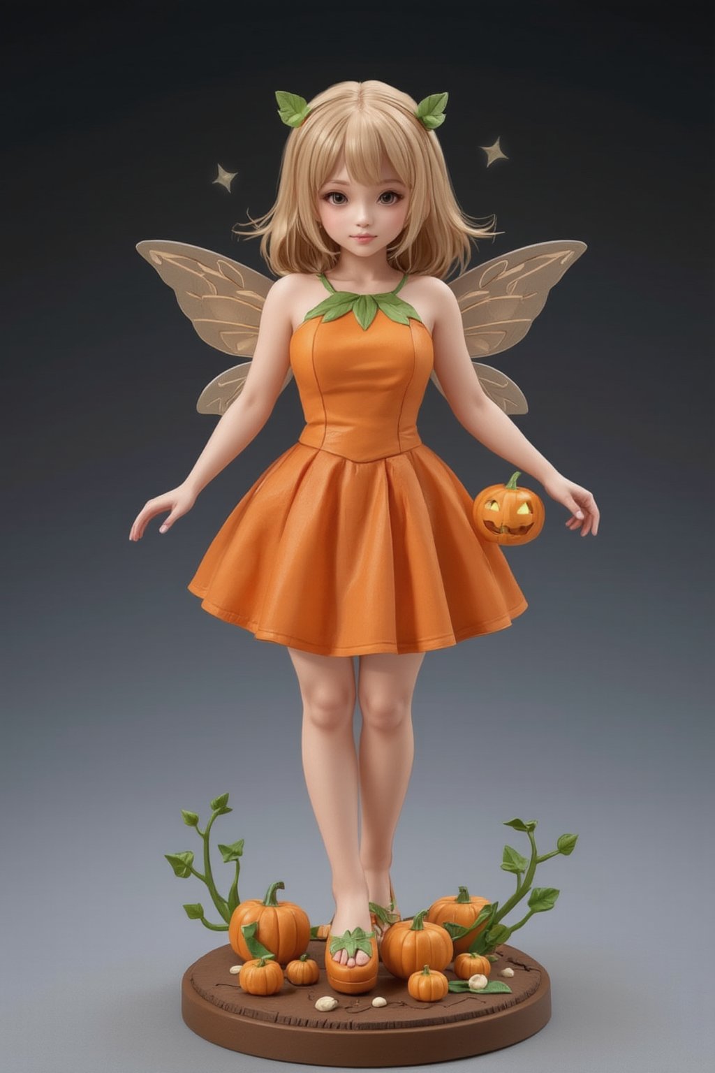 FuturEvoLabFigure, 
A cute anime-style figure of a girl dressed as a pumpkin fairy. She wears a bright orange pumpkin-shaped dress with green leaf accents and has small, glowing wings on her back. Her shoes resemble tiny pumpkins, and she holds a glowing jack-o'-lantern. The base is scattered with mini pumpkins and vines, giving the scene a lighthearted, playful Halloween feel.