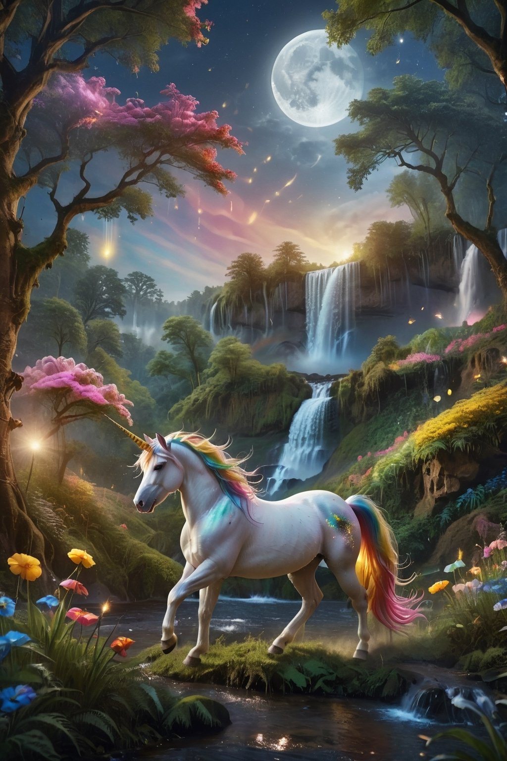 score_9, score_8_up, score_7_up, score_6_up, 
Unicorn, Rainbow Unicorn, Magic Forest, Night sky, moon, fireflies, waterfalls,
(Masterpiece, Best Quality, 8k:1.2), (Ultra-Detailed, Highres, Extremely Detailed, Absurdres, Incredibly Absurdres, Huge Filesize:1.1), (Photorealistic:1.3), By Futurevolab, Portrait, Ultra-Realistic Illustration, Digital Painting. 