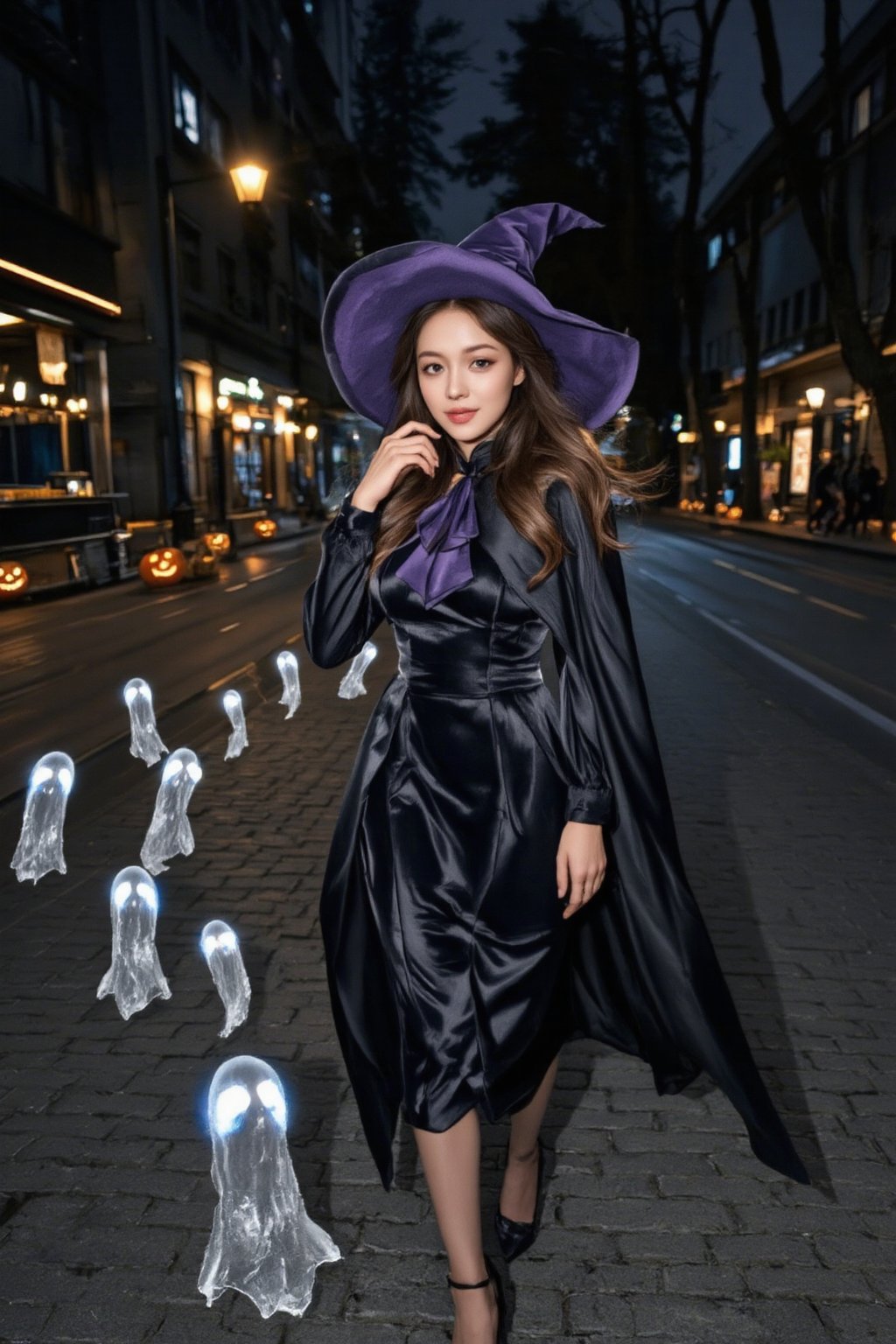 A high-quality anime-style illustration of a beautiful witch walking down a dark, empty street at night, followed by multiple transparent, ghostly spirits. She wears an elegant black and violet witch dress, complete with a pointed hat and flowing cape that catches the night breeze. Her expression is confident and calm, with a subtle, enchanting smile as she glances over her shoulder at the ghostly figures trailing behind her.

The spirits are faint and ethereal, with glowing eyes and soft, misty outlines that give them a haunting, otherworldly presence. The street is decorated with Halloween elements—flickering jack-o'-lanterns, shadowy trees, and dim street lamps casting eerie glows. Shadows dance across the cobblestone path, while moonlight and the faint glow of the spirits create a magical yet eerie atmosphere, perfectly blending the charm of the witch with the supernatural allure of Halloween night.
