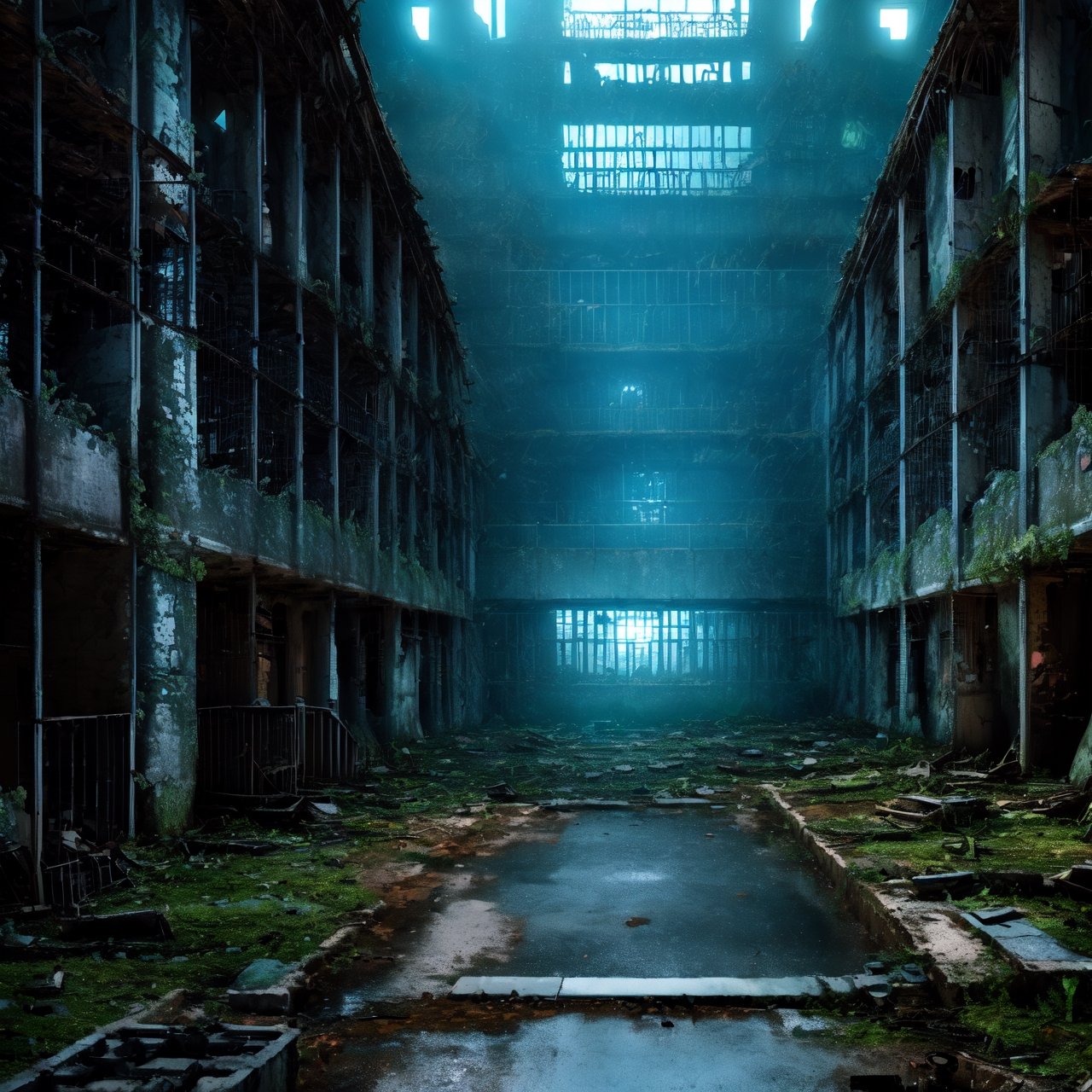 High-quality, ultra-realistic digital art, 64K HDR, eerie and haunting scene of (prison ruins:1.4) with (human skeletons:1.3), adjacent to a (dilapidated ancient hospital:1.4), crumbling walls, broken windows, overgrown vegetation, faded signs, rusted medical equipment, debris, sense of history and neglect, atmospheric lighting, photorealism.