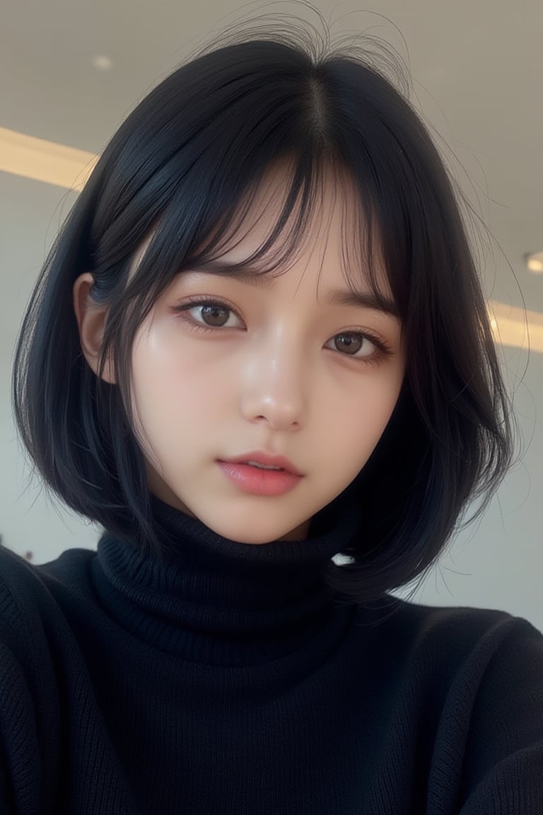 Create a photorealistic portrait of a pure and innocent 32-year-old Japanese woman with a black bob haircut. She is wearing a black turtleneck sweater that highlights her facial features and expression, emphasizing her cuteness and innocence. The lighting should be soft and natural, with a close-up composition that focuses on her kind demeanor. The photo should have a high resolution, using a soft focus lens to capture the texture and details of the sweater, while maintaining a minimalist approach without background distractions, FuturEvoLabArmor, 