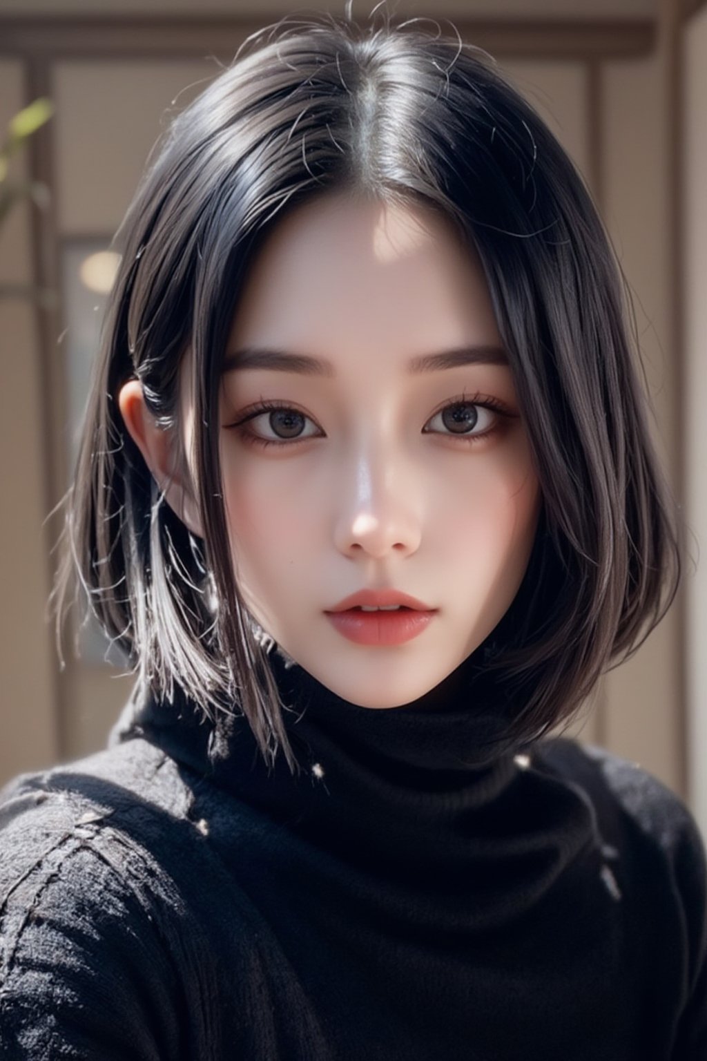 Create a photorealistic portrait of a pure and innocent 32-year-old Japanese woman with a black bob haircut. She is wearing a black turtleneck sweater that highlights her facial features and expression, emphasizing her cuteness and innocence. The lighting should be soft and natural, with a close-up composition that focuses on her kind demeanor. The photo should have a high resolution, using a soft focus lens to capture the texture and details of the sweater, while maintaining a minimalist approach without background distractions, FuturEvoLabArmor,Spider spirit Fourth sister