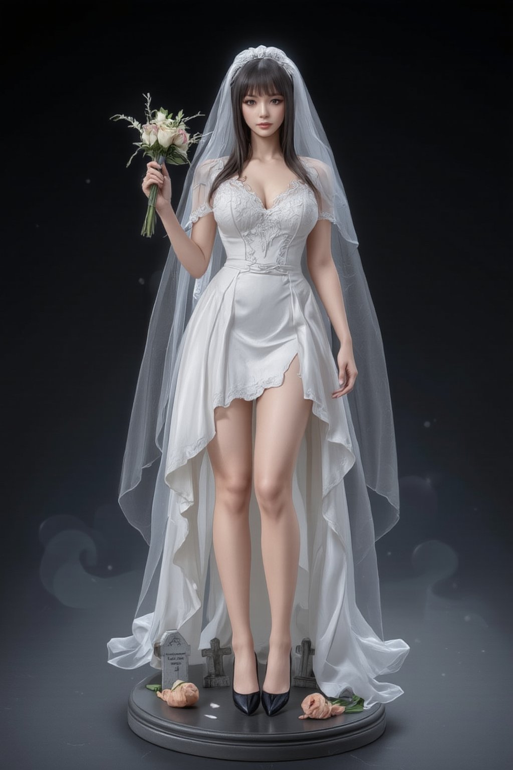 FuturEvoLabFigure, 
An anime-style figure of a girl dressed as a ghostly bride, wearing a tattered white gown with ethereal, translucent layers. Her pale skin and flowing veil add a haunted elegance to her look. She holds a wilted bouquet in one hand, and the base is decorated with gravestones and mist, capturing a tragic yet beautiful Halloween vibe.
