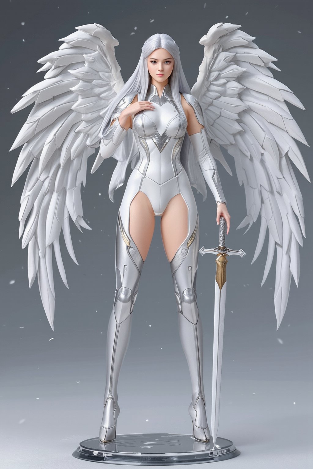 A high-quality anime-style figure of a stunning warrior angel, dressed in sleek, elegant white armor that highlights both strength and beauty. The figure features long, flowing silver hair cascading down her back, with a pair of large, majestic white angel wings extending gracefully from her shoulders. Her armor is intricately detailed with silver and gold accents, giving a celestial and regal appearance. The form-fitting white armor emphasizes her elegant figure, while the plating on her arms and legs is beautifully crafted, featuring intricate patterns symbolizing divine protection. Her wings are spread wide, adding a sense of grandeur and power to her stance. She holds a shining silver sword in one hand, while the other hand rests softly on her armor, exuding both grace and strength. She stands on a clear, minimalistic base, which is adorned with ethereal elements like glowing runes and light particles, enhancing the heavenly, otherworldly atmosphere. Her expression is serene yet powerful, with a gentle, protective gaze that reflects her angelic nature.
