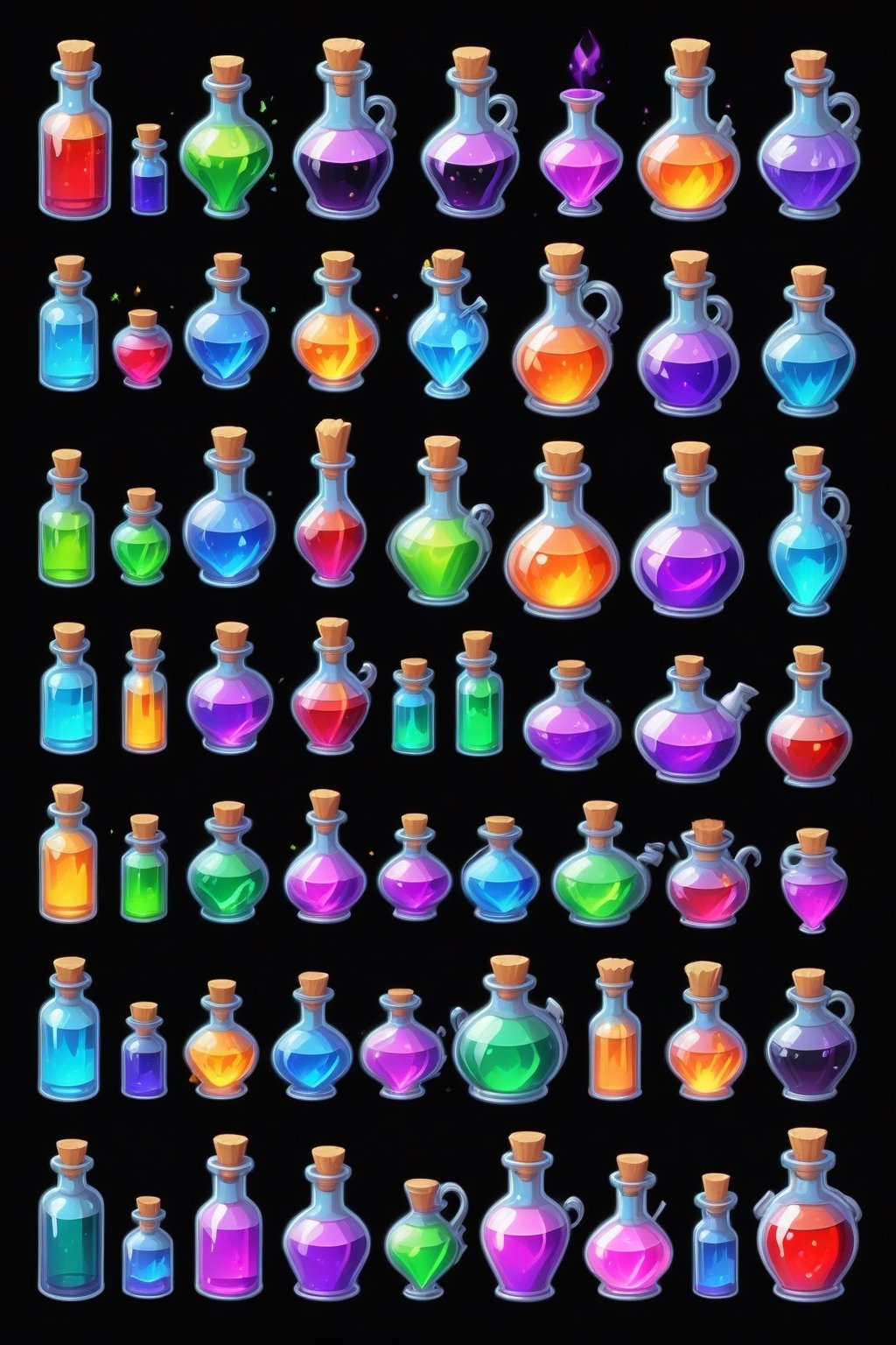 Array of magical world style potion bottles in pixel art, Each item is an independent pixelated entity with high-tech magic stoppers, Arranged in 2D pixel game prop style, No overlapping, Solid gray-black background for easy clipping, High quality, Detailed, Pixelated, Each potion bottle features a unique pixel design with Western fantasy aesthetics