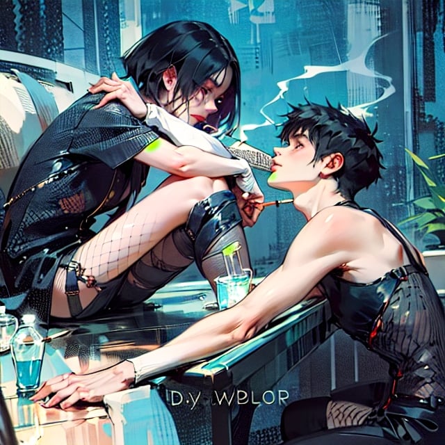 1girl, short hair, black hair, 1boy, sitting, fishnets, cigarette, realistic, smoking