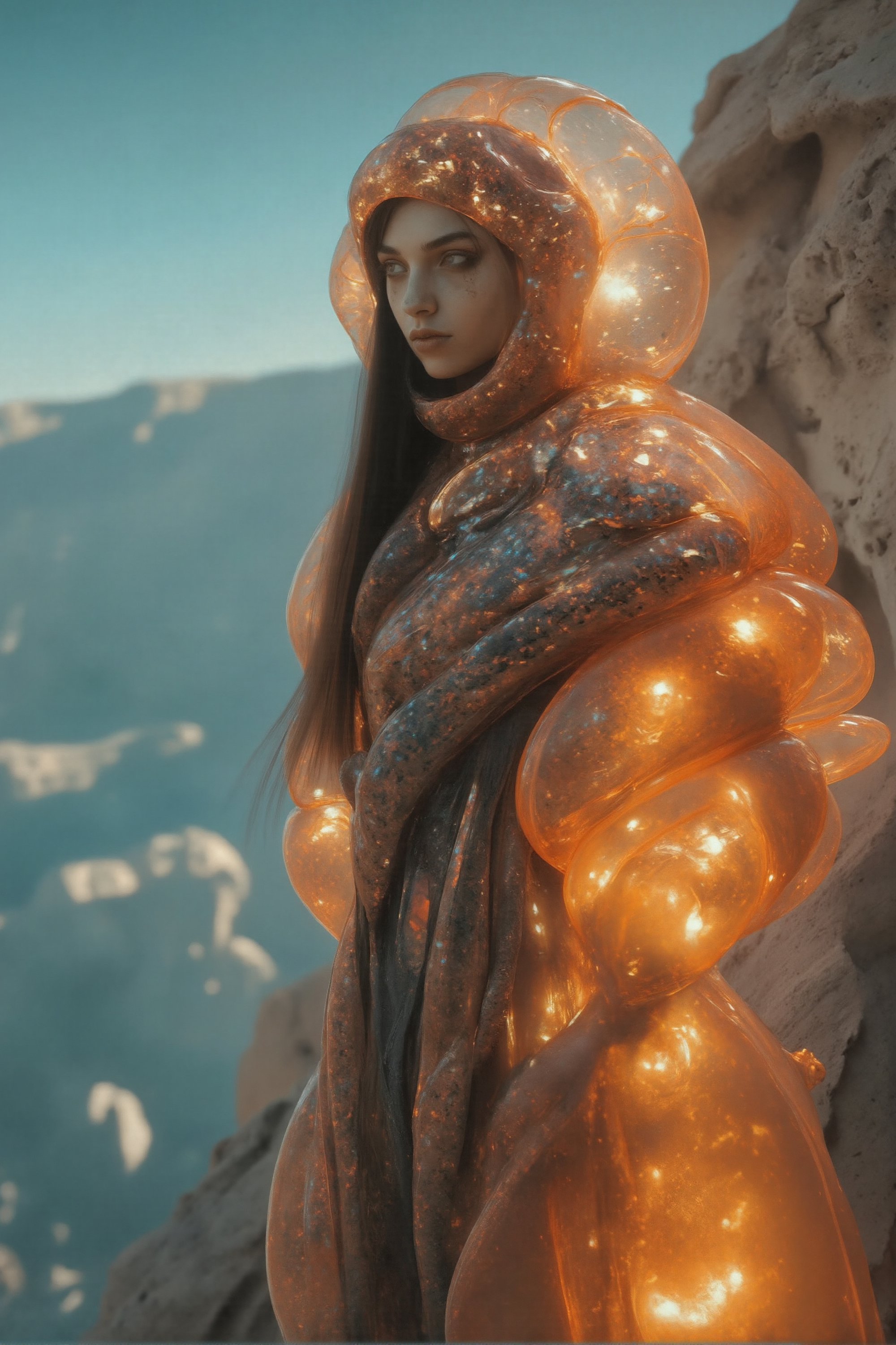 "Desert Cliff Overlook: Stand on the edge of a cliff, overlooking the expansive desert scenery", Photo by Hegre, (((full body shot from the ground))), shimmering fabric,sparkling details,mind-blowing background,girl's confident expression,long flowing hair,dynamic pose,surrounded by magical lights,sharp focus,vivid colors,dreamlike atmosphere,golden hues,bokeh. (best quality,4k,8k,highres,masterpiece:1.2),ultra-detailed,(realistic,photorealistic,photo-realistic:1.37),HDR,UHD,studio lighting,sharp focus,physically-based rendering,extreme detail description,professional,vivid colors,bokeh,portraits,landscape,concept artists,stylish vibrant colors,beautiful detailed eyes,beautiful detailed lips,extremely detailed eyes and face,longeyelashes,exquisite costumes,adventurous pose,vibrant colors, masterpiece, sharp focus, best quality, depth of field, cinematic lighting,Weird_Alien_Fashion,Weird_Aquatic_Style