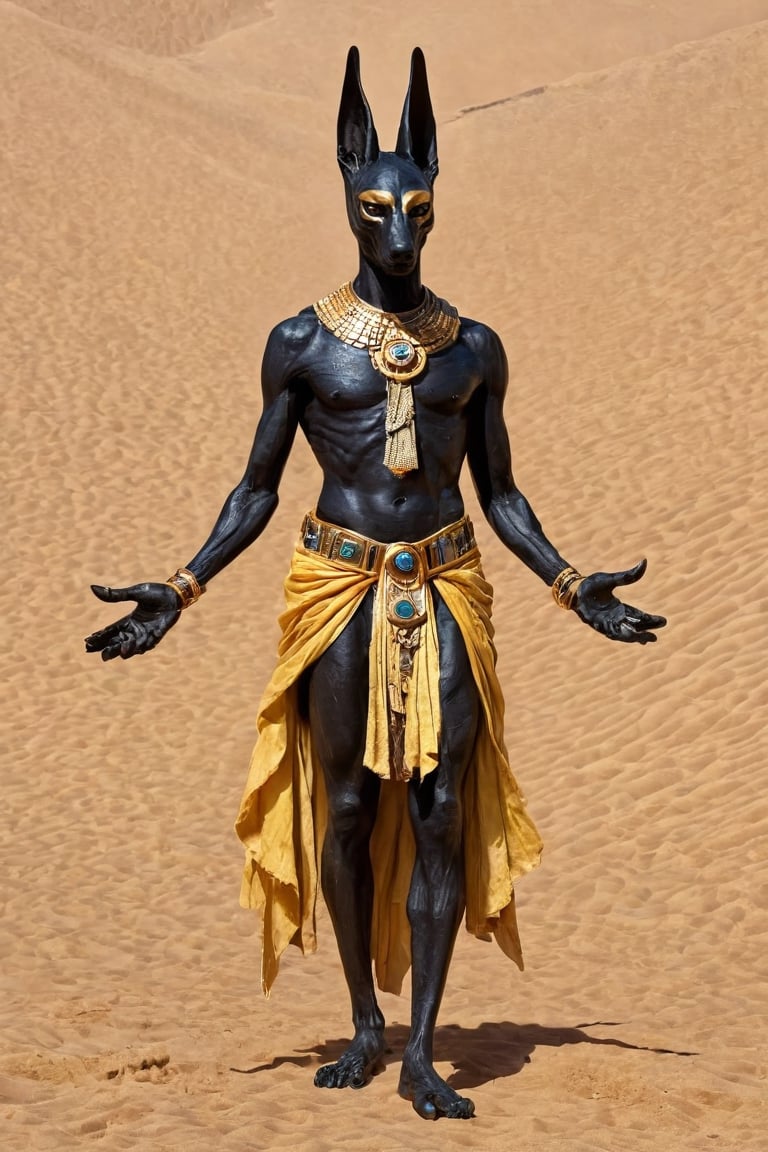 masterpiece,  ((ultra detailed background,  delicate pattern,  intricate detail)),  (highly detailed,  fine details),  best quality,  beautiful lighting,  absurdres, gold ,  Anubis_Citron_OC,  dark skin,  black hair,  yellow eyes,  pelvic curtain,  crop top,  thighhighs,  ,  solo,  smiling,  looking at viewer,  cowboy shot,  cinematic composition,  dynamic pose,  contrapposto,  (shiny oil skin:1.6),  Anubis_Citron_OC,  High detailed,  RoryCeehaz, face focus,  Jackal-headed male,  a bandaged jackal,  in the Heart Weight Judgment scene in the Book of the Dead,  "Anubis is the Guardian of the Scales, " by comparing the dead man's heart to an ostrich feather placed on the scales Measure both ends,  Ancient Egyptian clothing,  Egyptian necklaces,  Egyptian bracelets,  armbands,  bandages muscular, , photo r3al,  full body, more detail XL,,,
