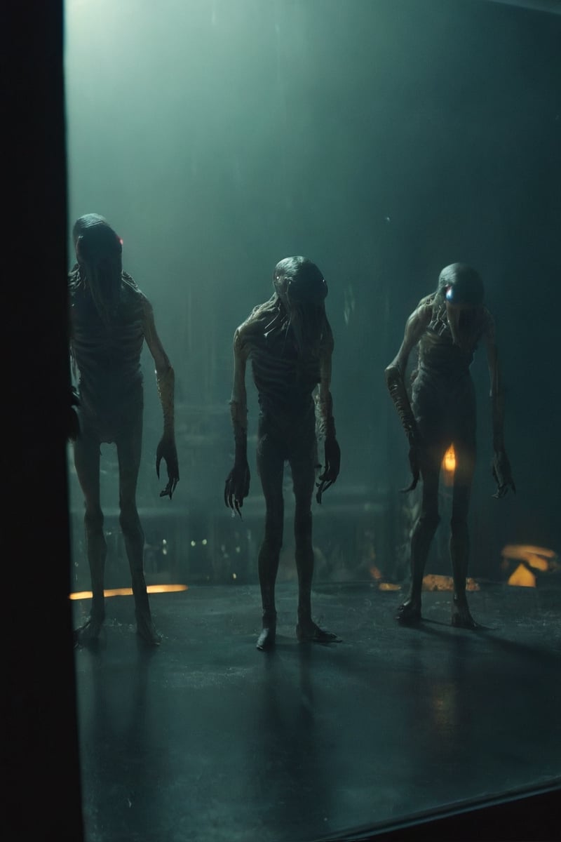 Horror-themed n-eeyblch,  Dark Photo of creepy Aliens Standing outside of your Window and looking inside,  very detailed b...