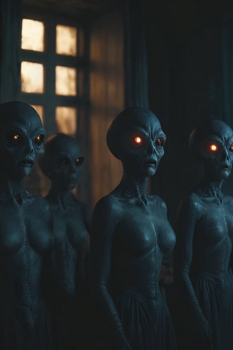 Horror-themed n-eeyblch,  Dark Photo of creepy Aliens Standing outside of your Window and looking inside,  very detailed b...