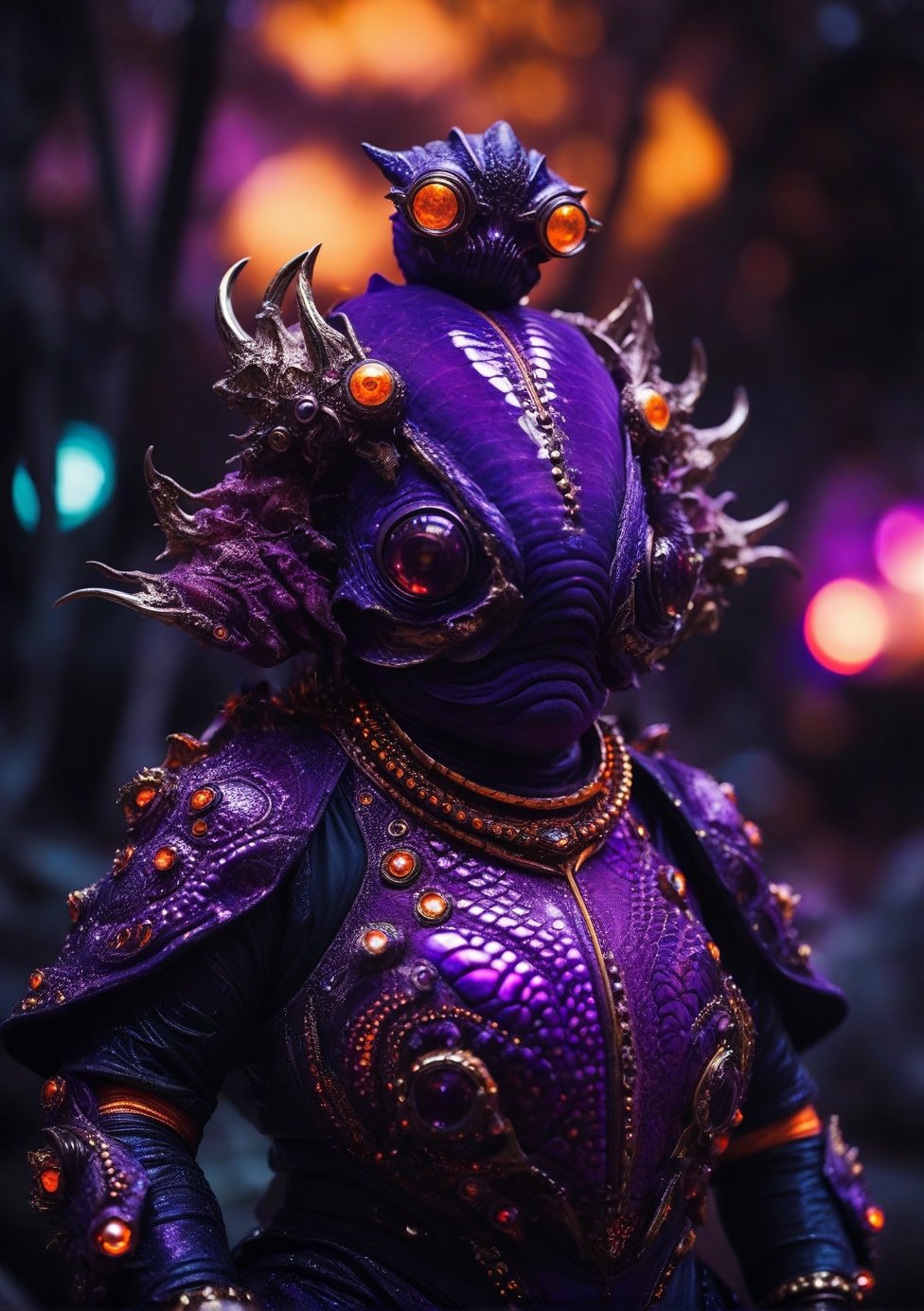 fashion photography,  cinematic shot of an dangerous chubby alien fashionista,  bright purple alien skin by CAPCAY on Tens...