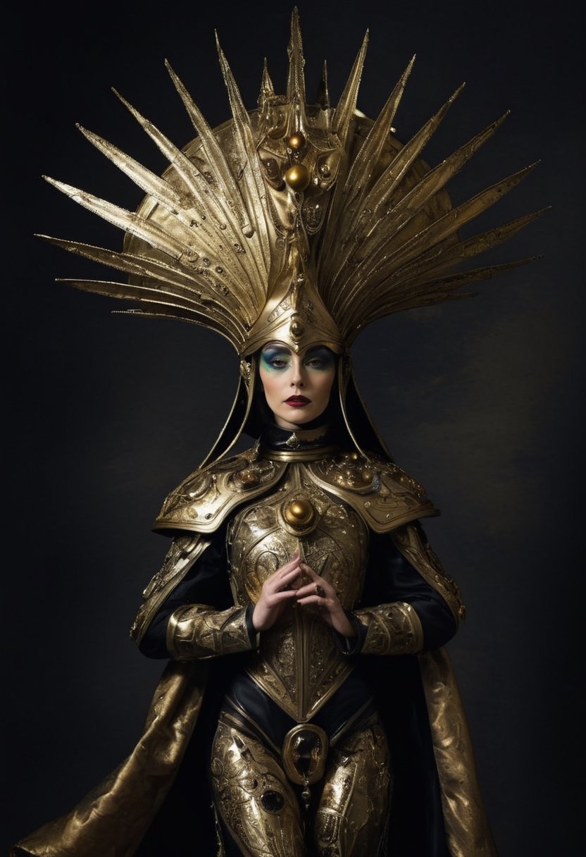 Space empress Zogrina from Pluto reviews her troops, avant-garde armor, cosmic hat, Dark art in the style of Caravaggio
,alien,ral-bling,futuristic alien