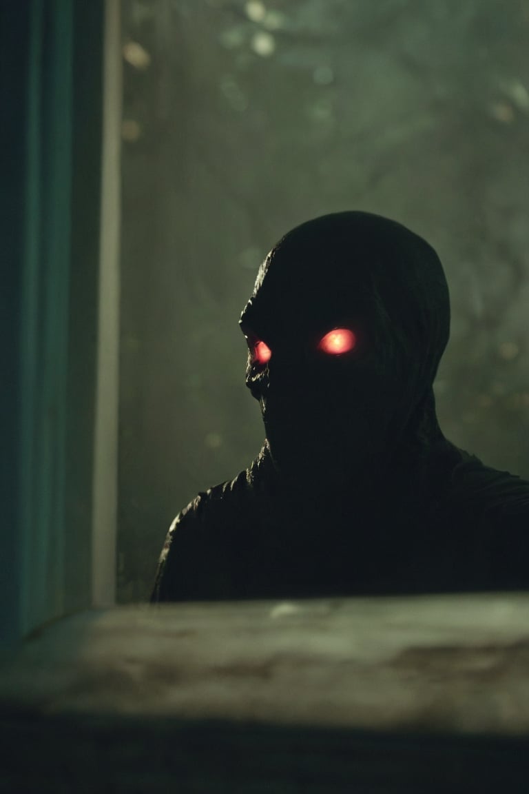 Horror-themed n-eeyblch,  Dark Photo of creepy Aliens Standing outside of your Window and looking inside,  very detailed b...