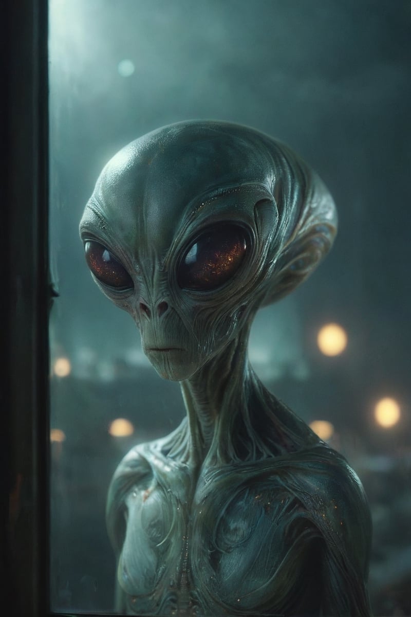 Horror-themed n-eeyblch,  Dark Photo of creepy Aliens Standing outside of your Window and looking inside,  very detailed b...