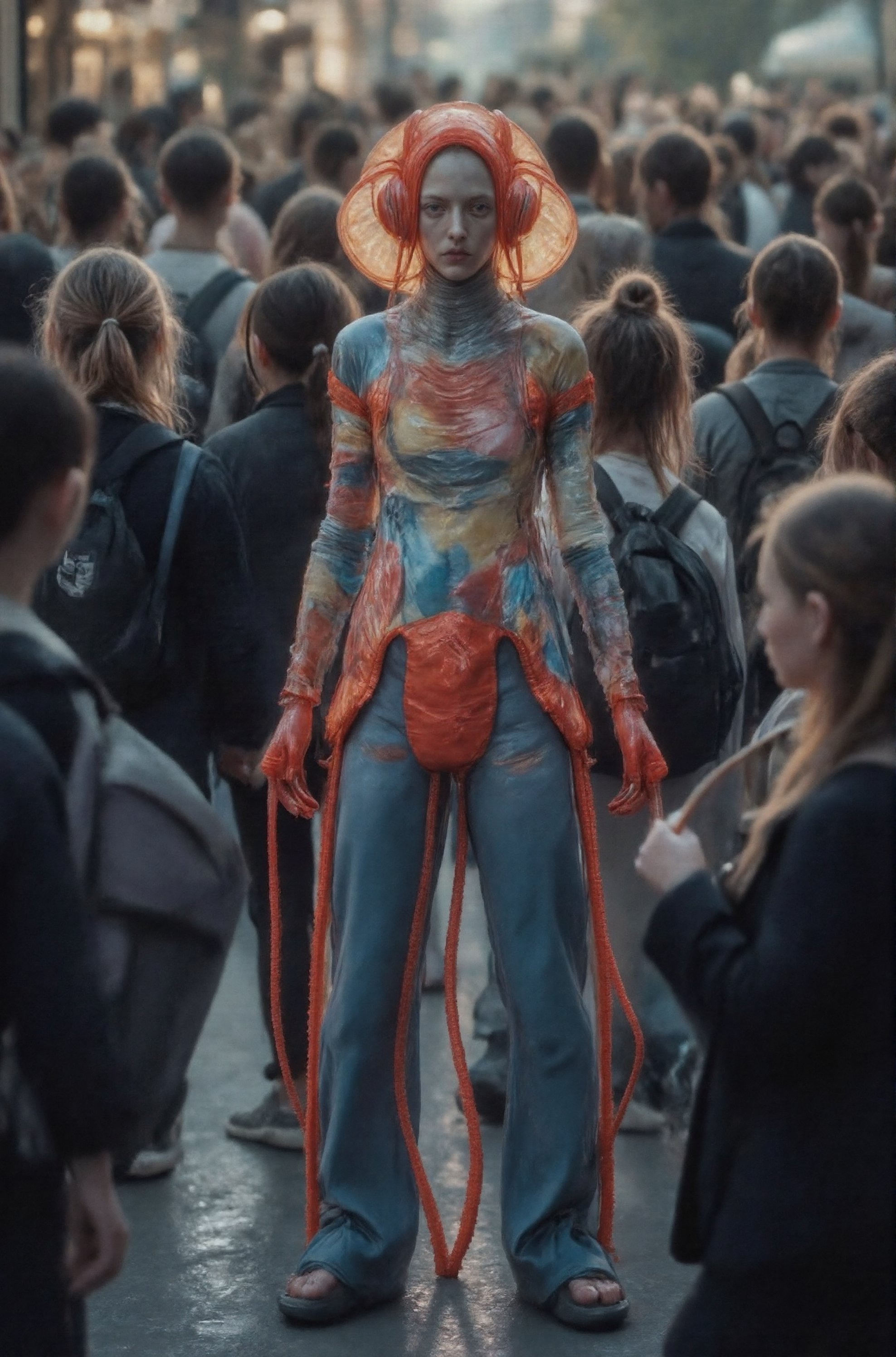 A busy street filled with people, some of whom are carrying backpacks and handbags. The crowd is standing close to each other, creating a bustling atmosphere. In the midst of this crowd, there is a woman wearing a unique dress woven from colorful plastic bags and blue pants who stands out from the rest. She is posing for the camera while surrounded by the busy street scene.,Weird_Aquatic_Style,weird_crowd_style,Weird_Alien_Fashion