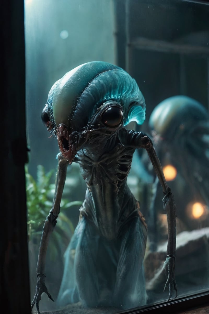 Horror-themed n-eeyblch,  Dark Photo of creepy Aliens Standing outside of your Window and looking inside,  very detailed b...