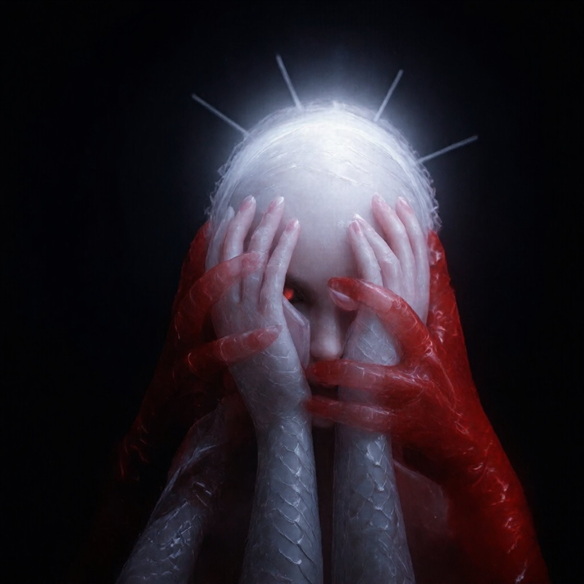 The image depicts a side profile of a person's face, with their eyes covered by red hands and fingers. The individual has transparent scales skin and is wearing red nail polish on their fingernails. glowing head with crown. The background is dark.,cip4rf,creepy_hand_pose,nighmare,pose,weird_futuristic_fashion,Enhanced all