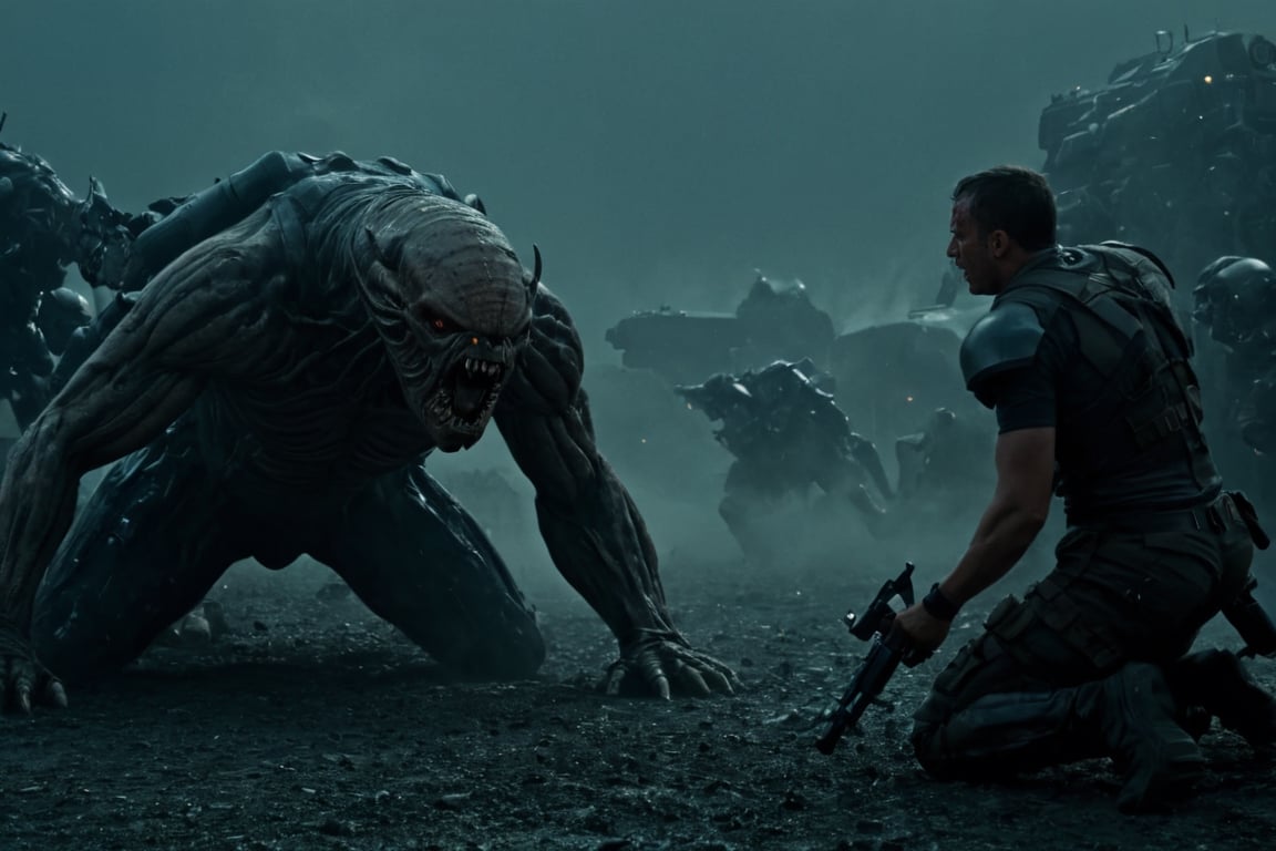 Sci-fi movie scene,  soldiers fight against gigantic alien race,  sci-fi weapon by CAPCAY on Tensor.Art