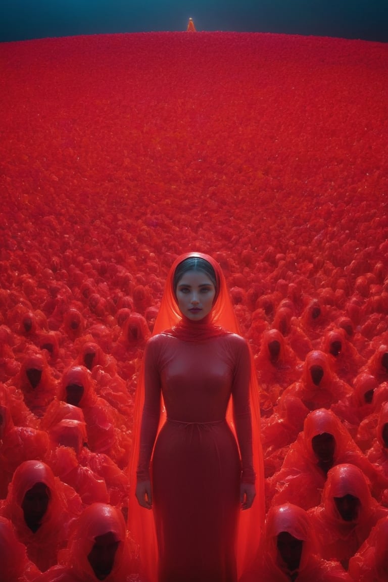 In the center of a vast crowd, one woman stands out in her vibrant red plastic dress and headscarf, surrounded by numerous other individuals also plastic dressed in bright red. The sea of glowing red flower extends far into the background, creating a striking contrast with the central figure.,Movie Still,FlowerStyle,dark