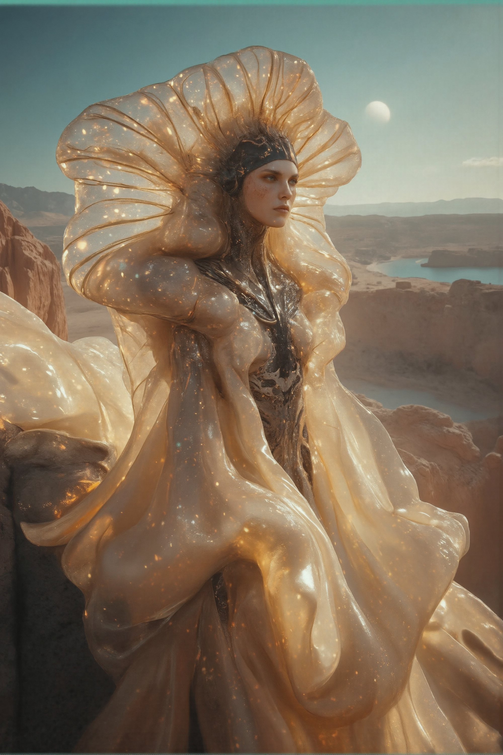 "Desert Cliff Overlook: Stand on the edge of a cliff, overlooking the expansive desert scenery", Photo by Hegre, (((full body shot from the ground))), shimmering fabric,sparkling details,mind-blowing background,girl's confident expression,long flowing hair,dynamic pose,surrounded by magical lights,sharp focus,vivid colors,dreamlike atmosphere,golden hues,bokeh. (best quality,4k,8k,highres,masterpiece:1.2),ultra-detailed,(realistic,photorealistic,photo-realistic:1.37),HDR,UHD,studio lighting,sharp focus,physically-based rendering,extreme detail description,professional,vivid colors,bokeh,portraits,landscape,concept artists,stylish vibrant colors,beautiful detailed eyes,beautiful detailed lips,extremely detailed eyes and face,longeyelashes,exquisite costumes,adventurous pose,vibrant colors, masterpiece, sharp focus, best quality, depth of field, cinematic lighting,Weird_Alien_Fashion,Weird_Aquatic_Style