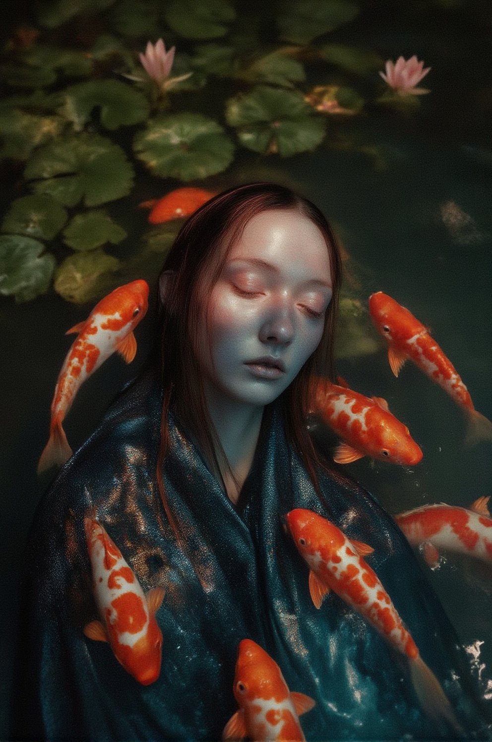 A young man with alabaster skin and raven hair, adorned in an ornate aquamarine kimono, lies serenely amidst a school of vibrantly hued koi, their scales catching the dappled sunlight filtering through the water's surface. The scene, captured in meticulous hyperrealism, employs a rich, jewel-toned palette, evoking the tranquility of a hidden oasis. The composition, a medium shot from a slightly lowered angle, emphasizes the symbiotic harmony between man and nature, the man's languid pose mirroring the koi's graceful movements. His delicate features, framed by damp locks, convey an ethereal peace, his eyes closed as if in a blissful reverie. The water, rendered with photorealistic clarity, reflects the verdant foliage that frames the scene, creating a sense of depth and immersion. Scattered water lilies, their petals unfurling in delicate splendor, add a touch of ephemeral beauty. To further enhance the composition, introduce subtle ripples radiating from the man's form, hinting at a gentle current and emphasizing the living, breathing quality of this aquatic tableau.,Weird_Aquatic_Style