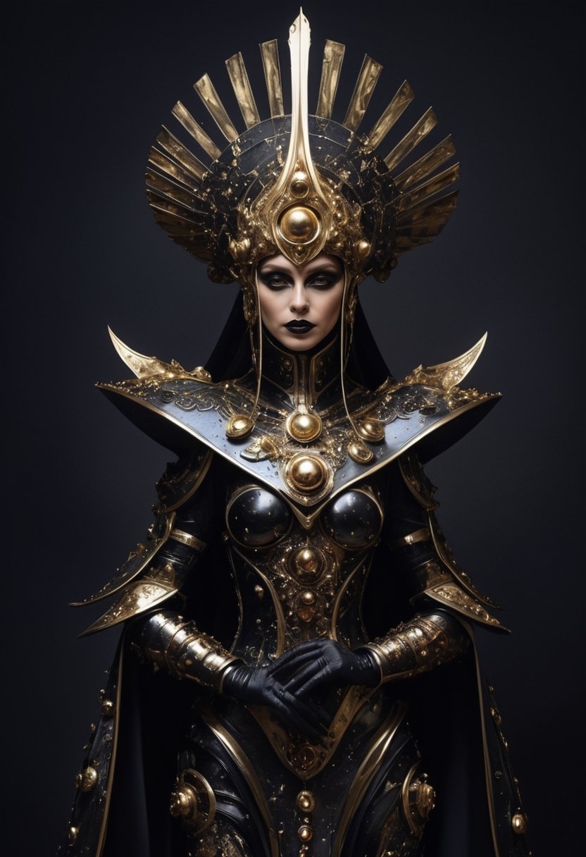 Space empress Zogrina from Pluto reviews her troops, avant-garde armor, cosmic hat, Dark art in the style of Caravaggio
,alien,ral-bling,futuristic alien