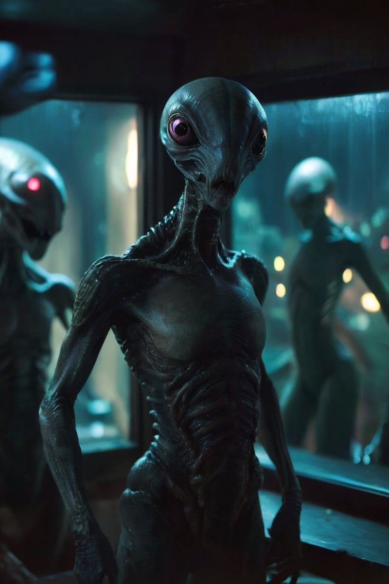 Horror-themed n-eeyblch,  Dark Photo of creepy Aliens Standing outside of your Window and looking inside,  very detailed b...