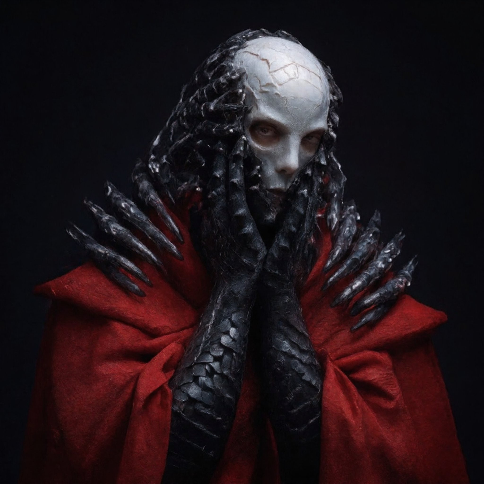 a male warrior wearing armor made of black human hand fragments, red robe, wearing a crystal skull crown,creepy_hand_pose,nighmare,pose,cip4rf,Hand,weird_futuristic_fashion,Fantasy detailers ,creepy_hand_pose,nighmare,pose,weird_futuristic_fashion